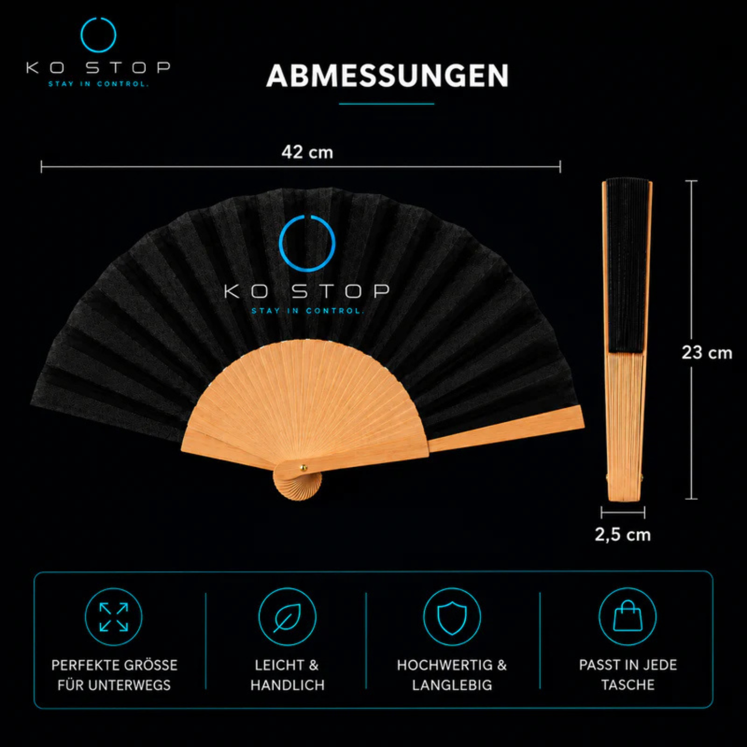 Abmessungen des KO STOP Premium Fächers mit 42 cm Breite – leichter und kompakter Bambusfächer für unterwegs