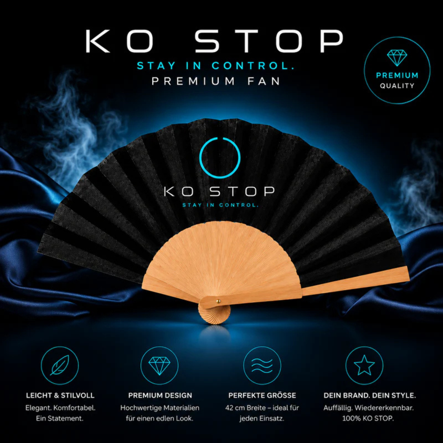 KO STOP Premium Fan in Schwarz – hochwertiger Bambusfächer für Festivals, Clubs und Events mit stilvollem Premium Design
