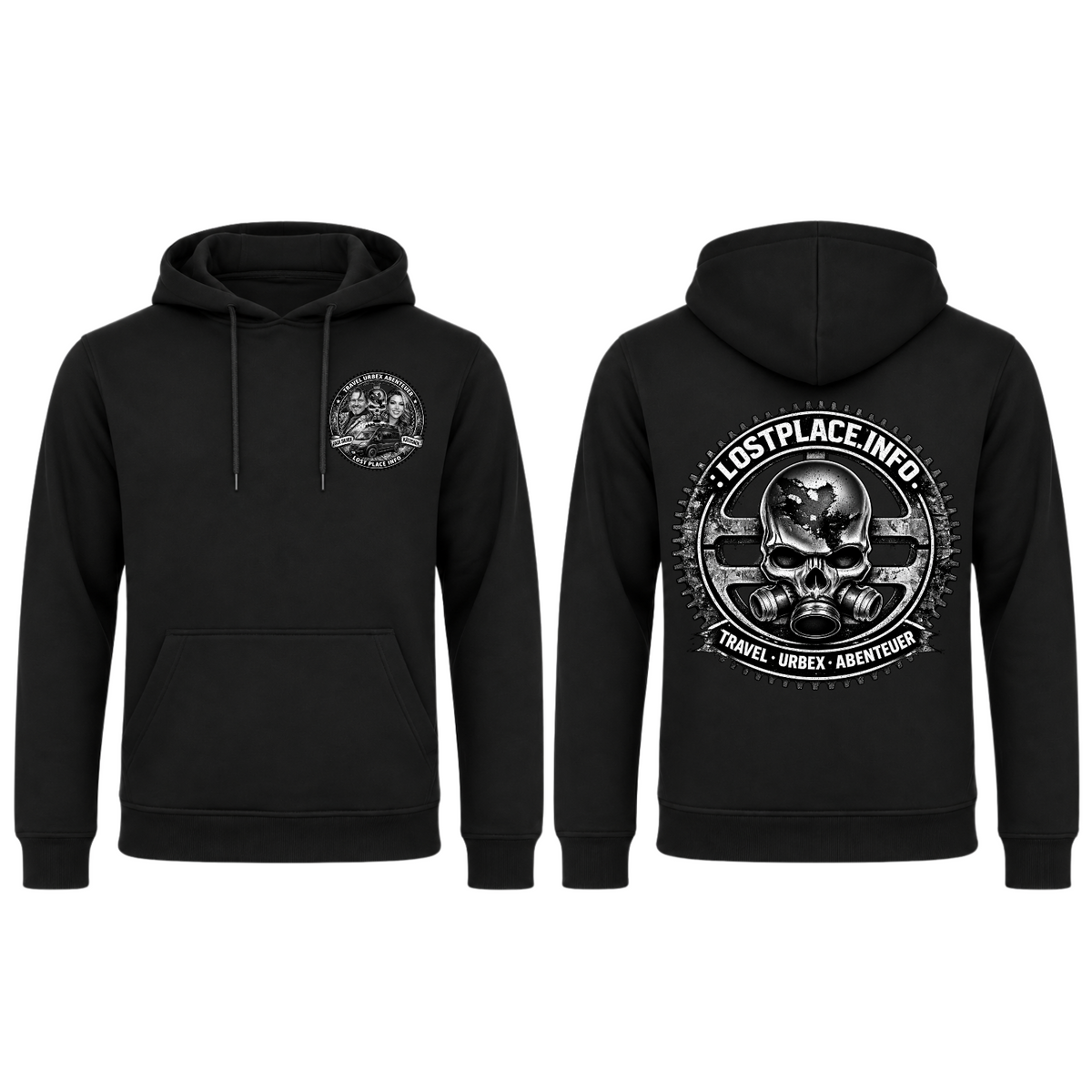 LostPlace.info Hoodie in Schwarz – kleines Brustlogo vorne und großes Totenkopf-Logo hinten