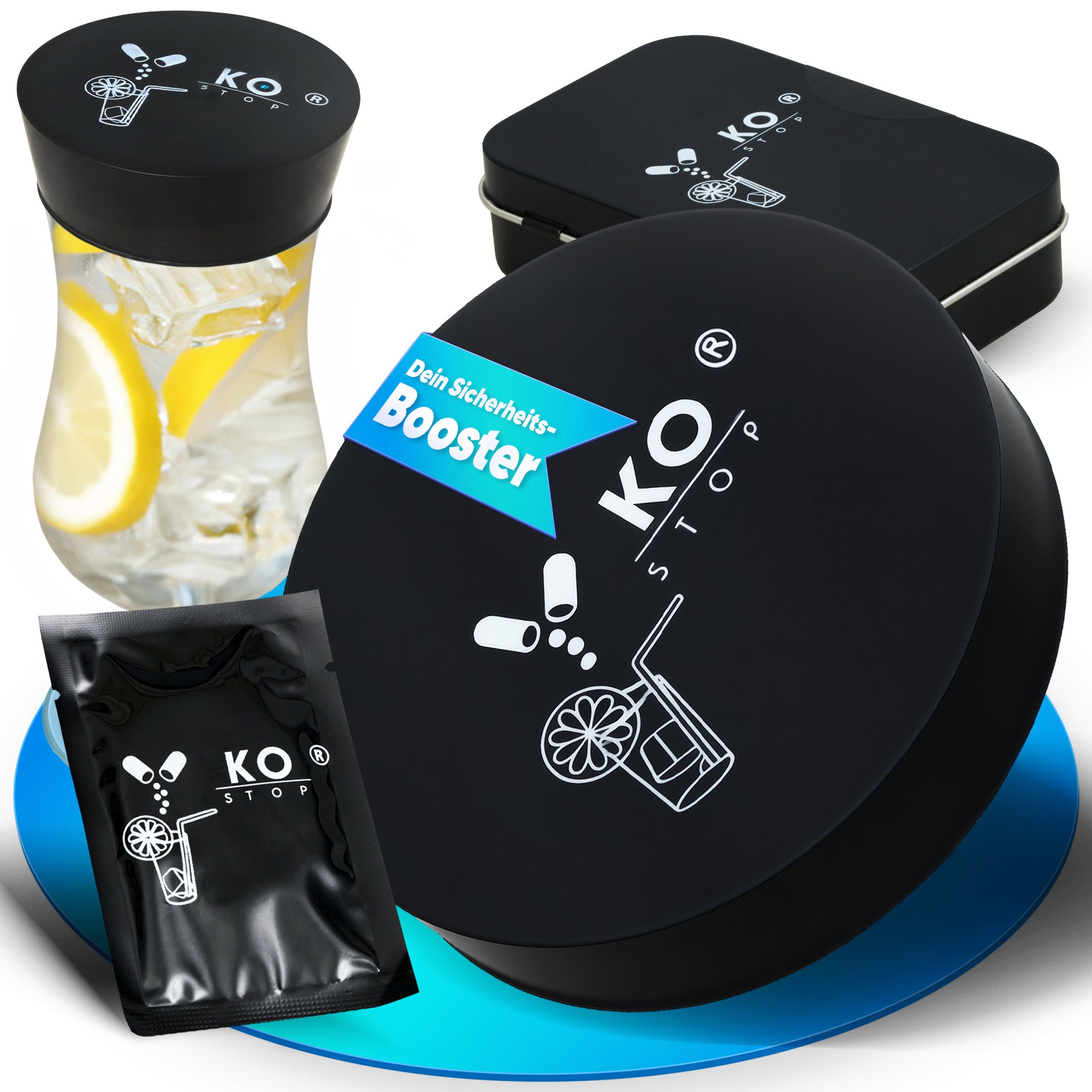 Ko Stop® Einweg-Getränkeschutzabdeckungen – Schwarz, Einweg, aus Naturkautschuklatex mit Ko Stop Logo