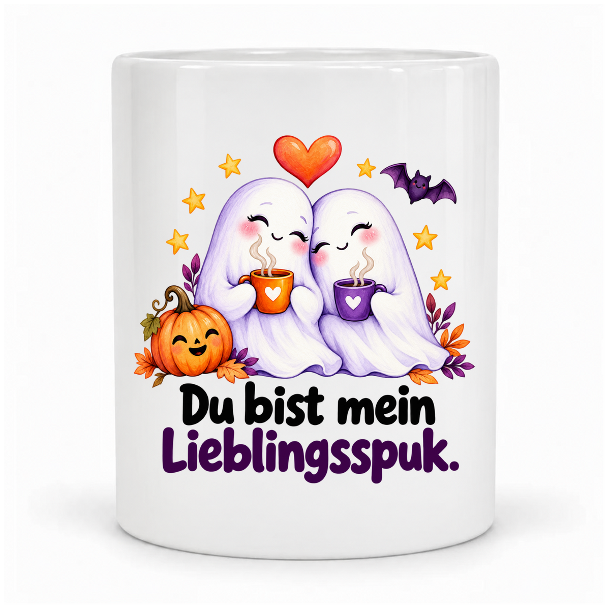 Weiße Halloween-Tasse „Du bist mein Lieblingsspuk.“ mit zwei Geistern, Kaffeetassen, Herz, Kürbis und Fledermaus – vor Kopf bedruckt, Griff dahinter.