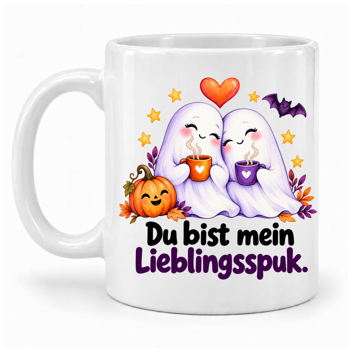 Weiße Halloween-Tasse „Du bist mein Lieblingsspuk.“ mit zwei Geistern, Kaffeetassen, Herz, Kürbis und Fledermaus – Griff links.