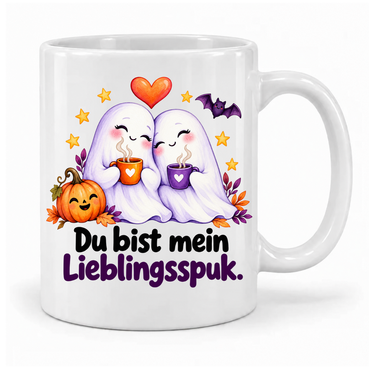 Weiße Halloween-Tasse „Du bist mein Lieblingsspuk.“ mit zwei Geistern, Kaffeetassen, Herz, Kürbis und Fledermaus – Griff rechts.