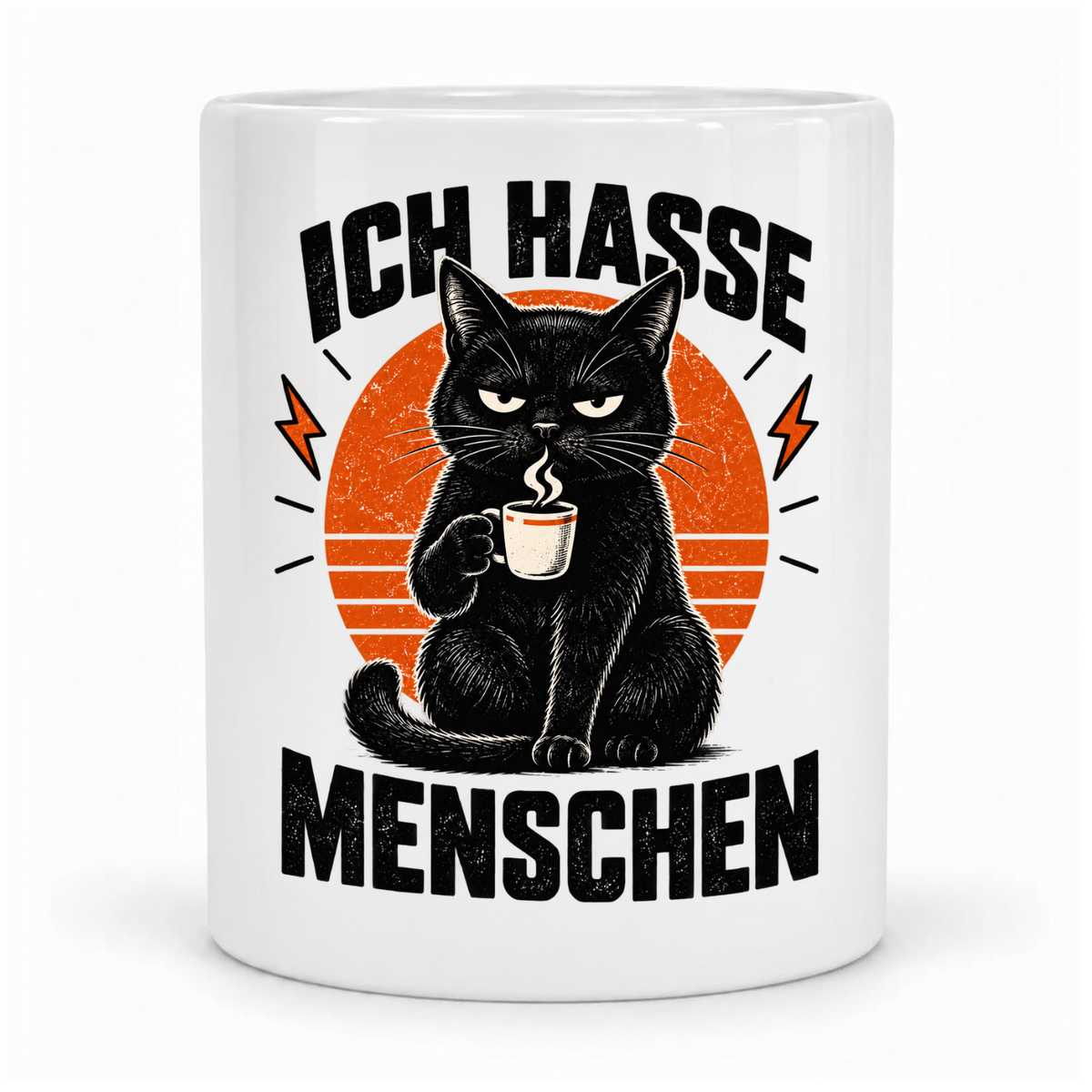 Weiße Tasse „Ich hasse Menschen“ mit schwarzer Katze, Kaffeetasse und orangefarbenem Retro-Hintergrund – vor Kopf bedruckt, Griff dahinter.
