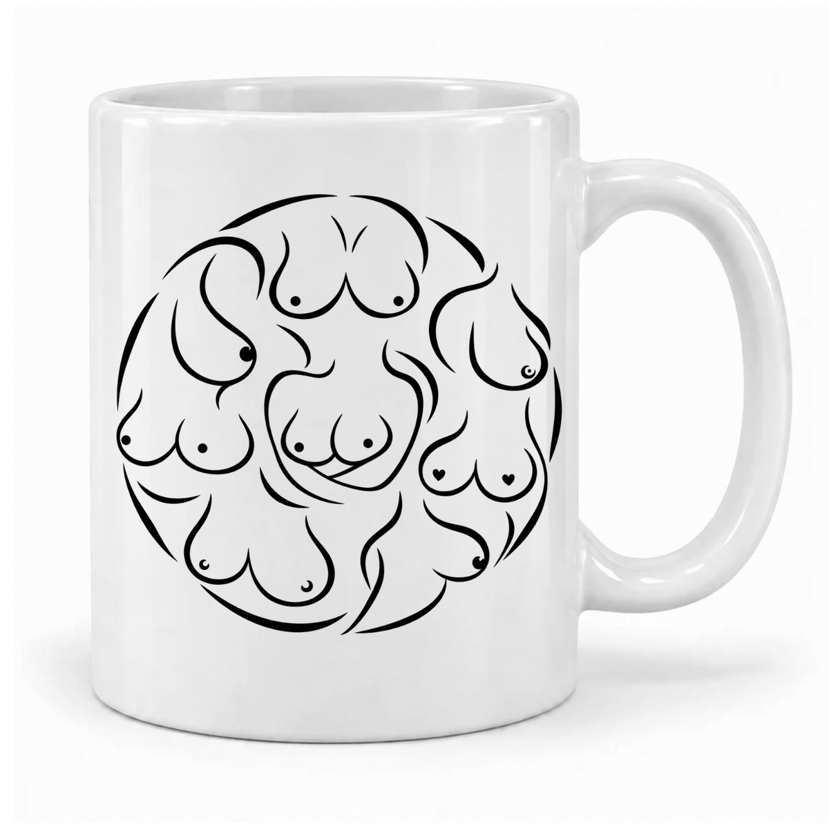 Weiße Busen-Tasse mit kreisförmiger schwarzer Linienzeichnung verschiedener Brustformen – Griff rechts.