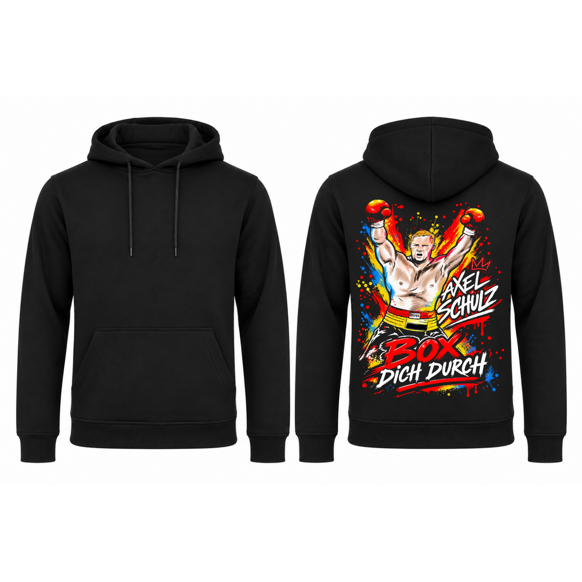 Schwarzer Axel-Schulz-Hoodie AS-BDD-002: unbedruckte Vorderseite mit Kängurutasche und Rückseite mit farbigem Boxermotiv und „Box dich durch“-Schriftzug.