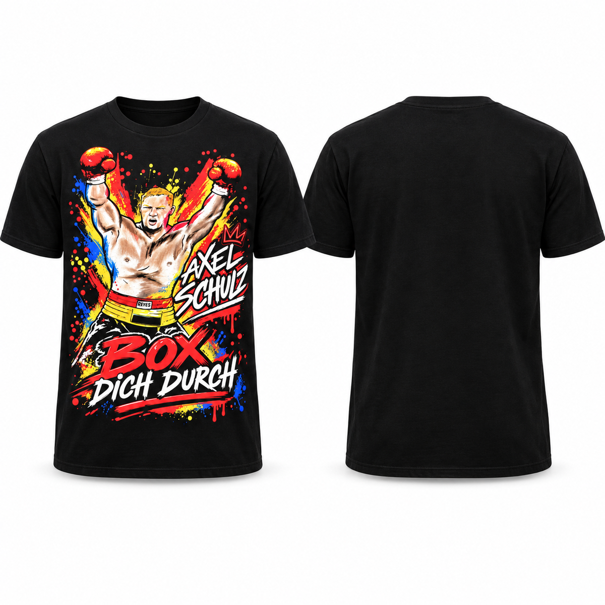 Schwarzes Axel Schulz T-Shirt Box dich durch – Vorder- und Rückseite