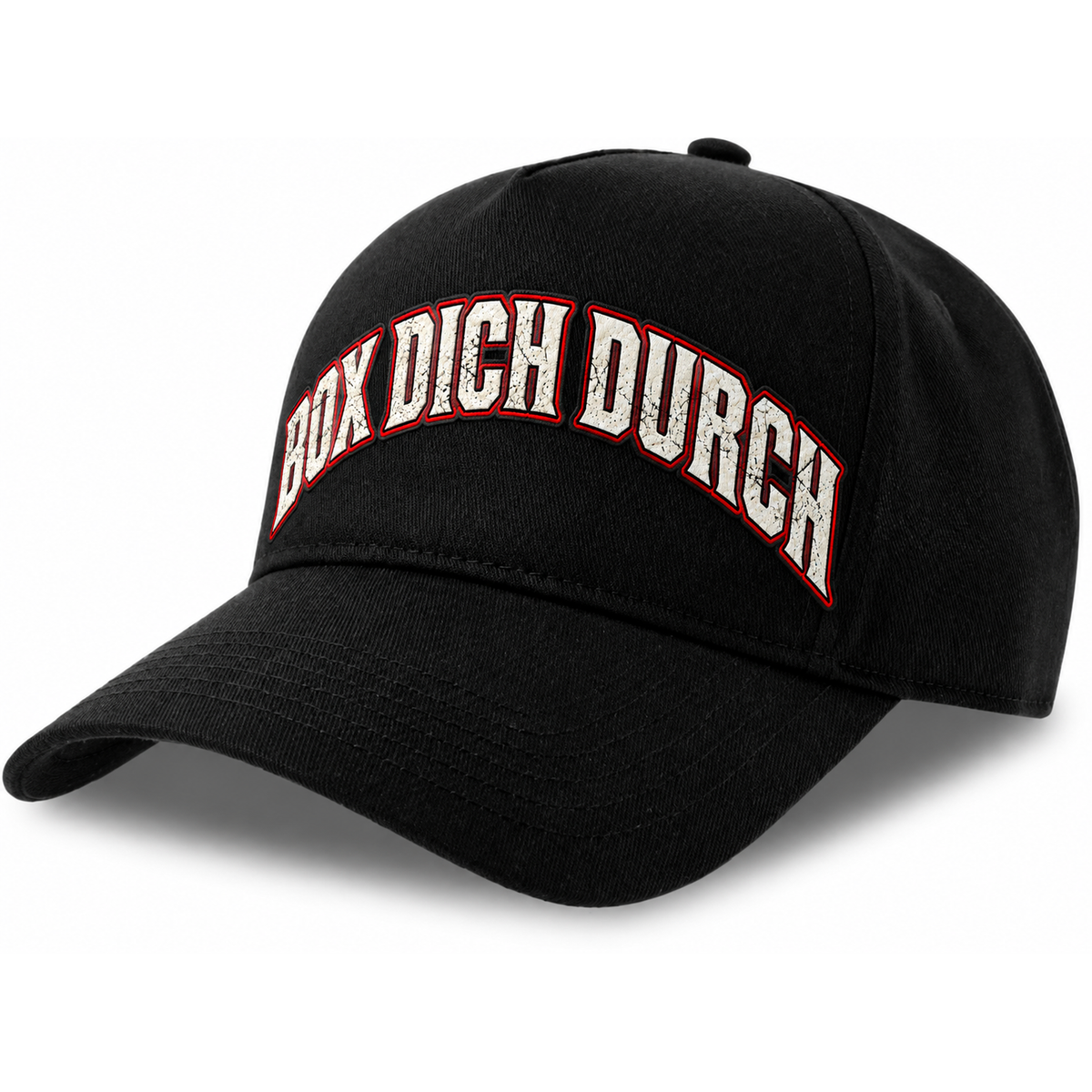 Schwarze Axel-Schulz-Cap mit weiß-rotem „Box dich durch“-Schriftzug – schräge Vorderansicht auf weißem Hintergrund.