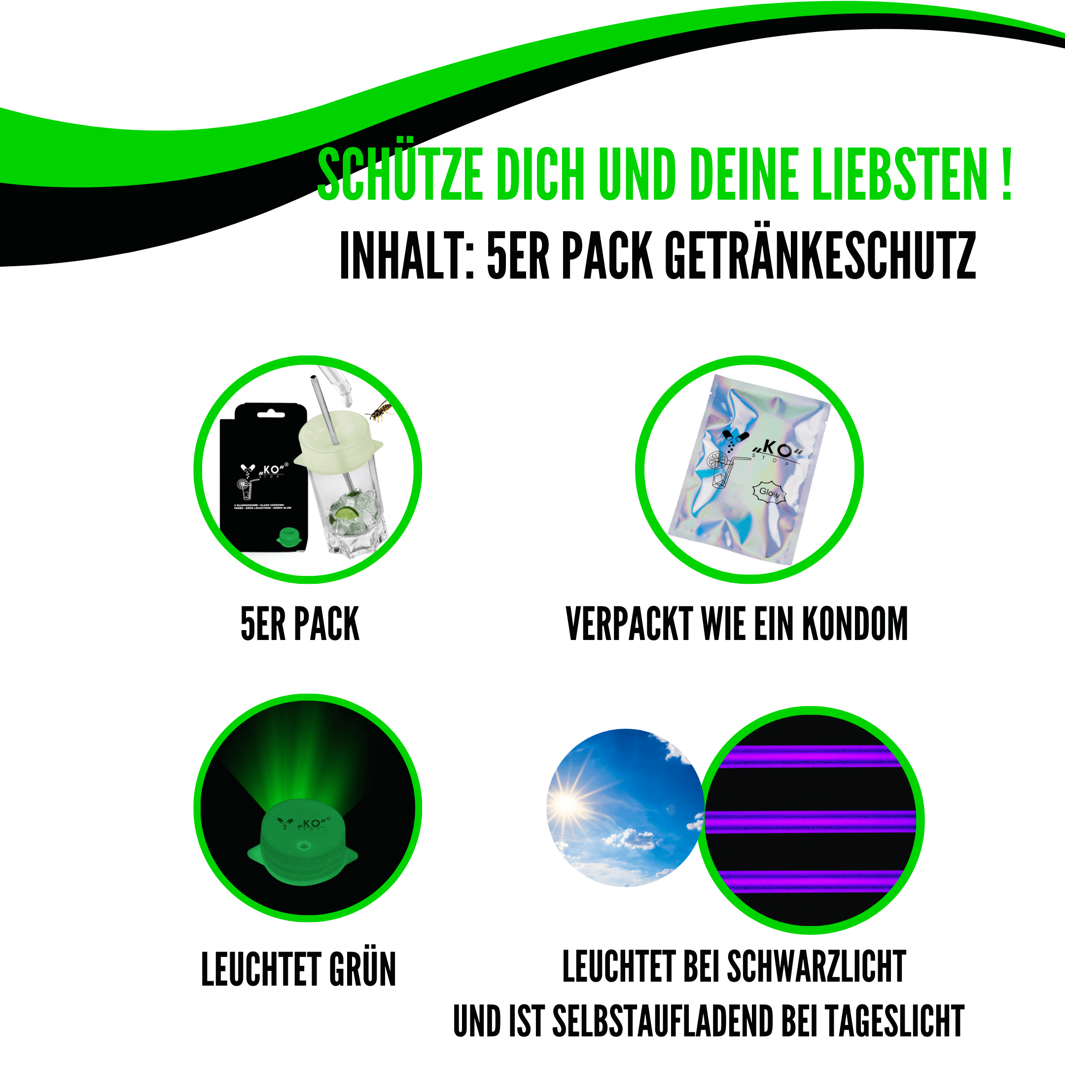 KO-Stop 5er Pack Getränkeschutz gegen K.O.-Tropfen, Insekten sowie Verschüttungen – jetzt mit Grünem Leuchteffekt für sicheres Feiern - Ko-Stop
