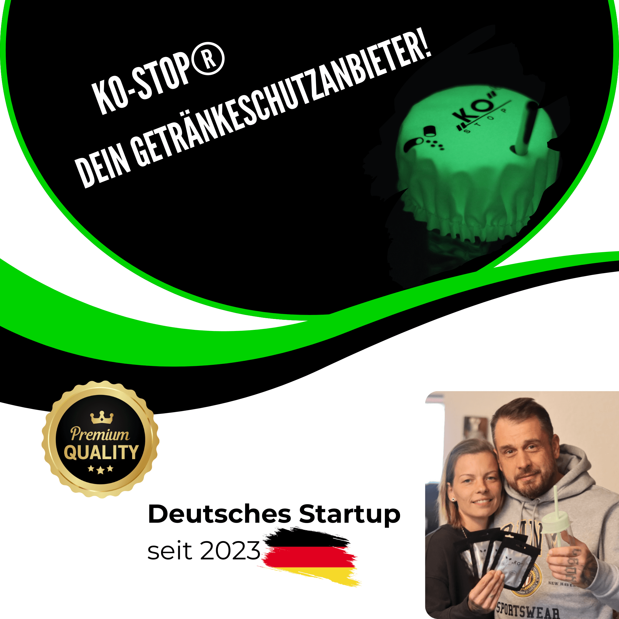KO-Stop Getränkeschutz inkl. Schlüsselanhänger jetzt mit Grünem Leuchteffekt für sicheres Feiern - Ko-Stop