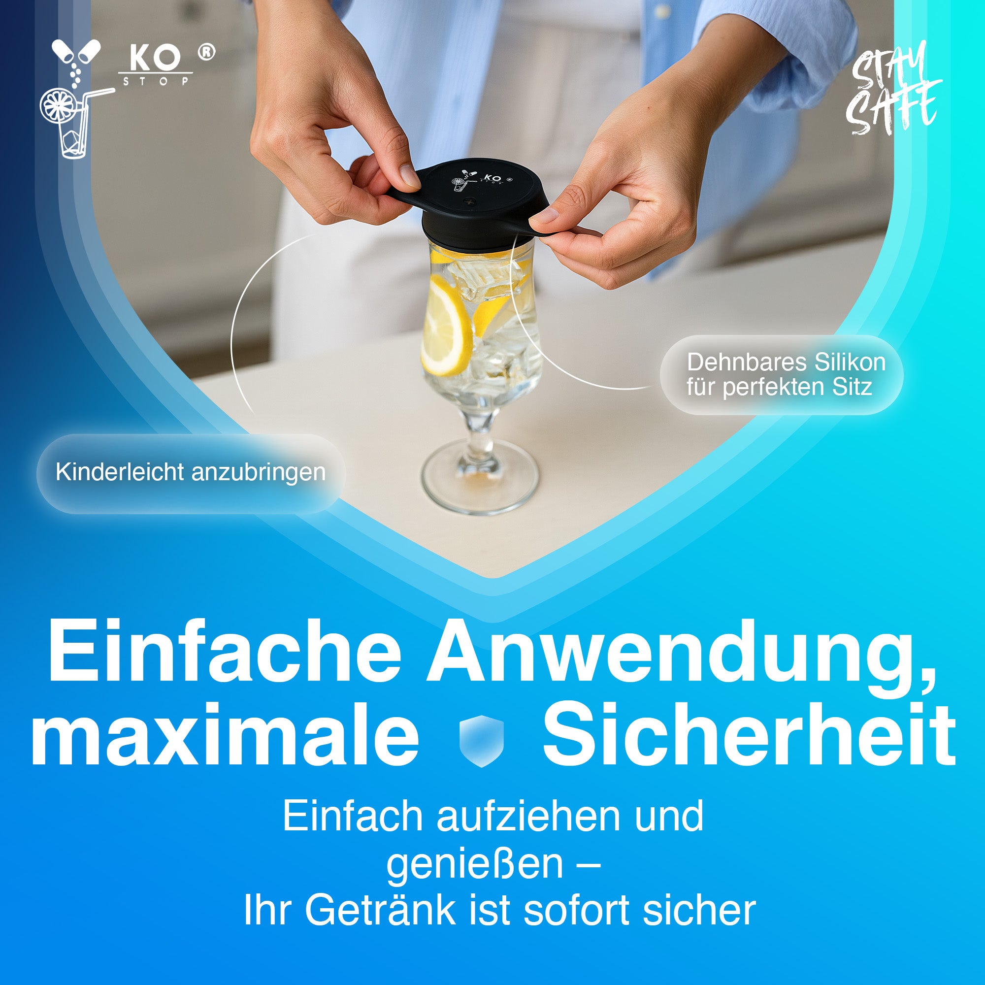 Einfache Anwendung Silikon Getränkeschutz Deckel flexibel auf Glas aufziehbar
