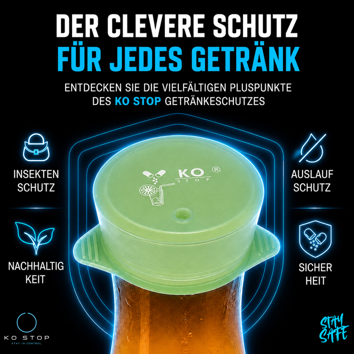 Frau nutzt einen fluoreszierenden KO STOP Glow Getränkeschutz auf einem Cocktailglas mit Edelstahl-Strohhalm in Club-Atmosphäre.
