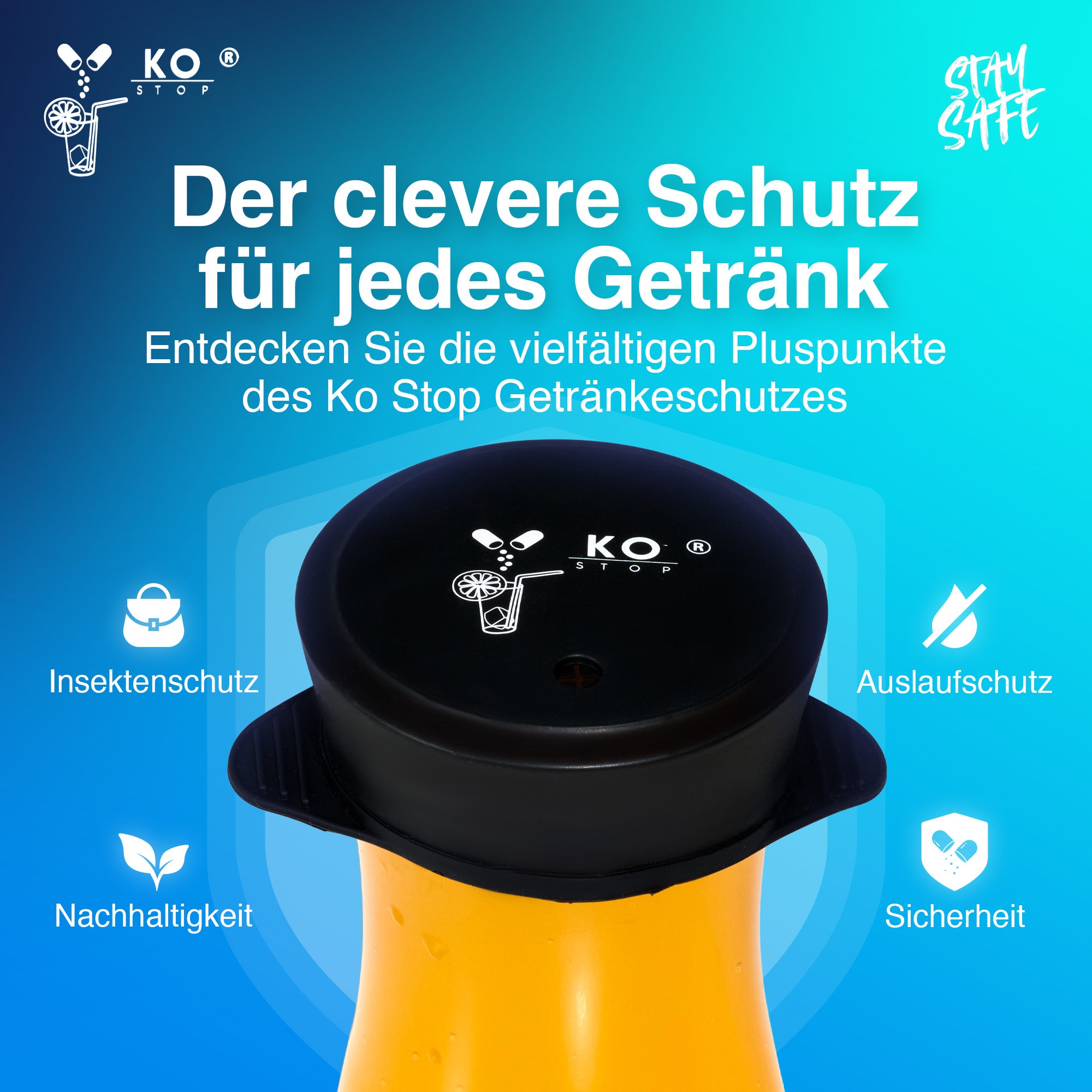 Detailaufnahme schwarzer Silikon Getränkeschutz Deckel elastischer Sitz auf Glas