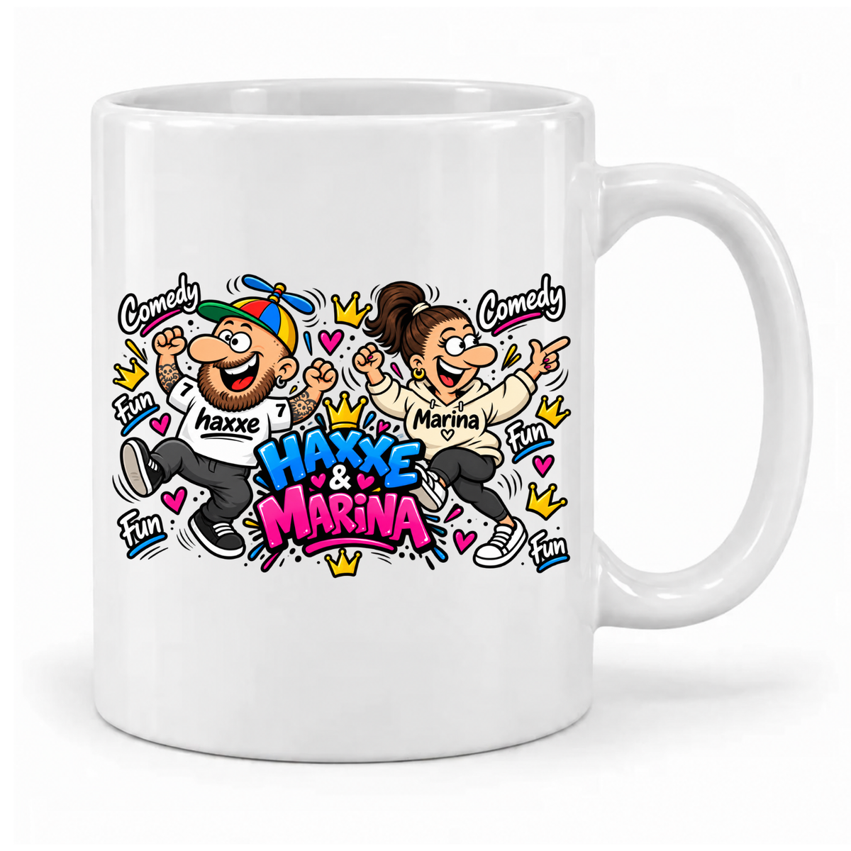 Weiße Haxxe & Marina Comedy & Fun Keramiktasse mit buntem Cartoonmotiv, Griff rechts