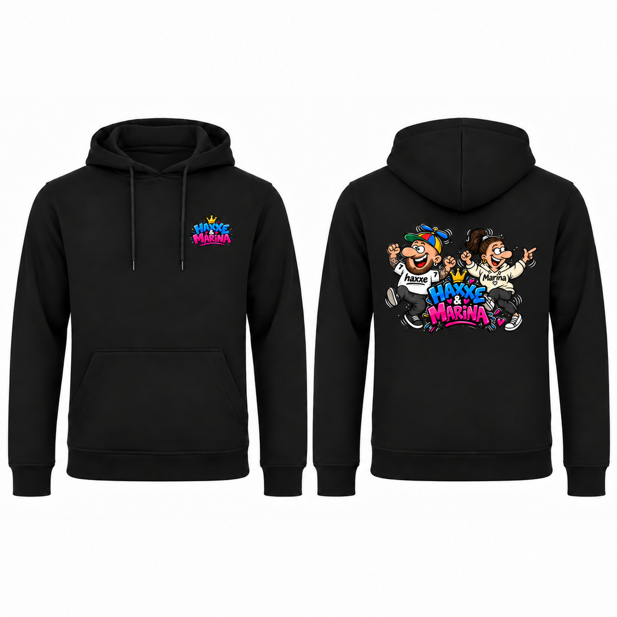 Schwarzer Haxxe & Marina Hoodie – Vorderseite mit kleinem Brustlogo und Rückseite mit Haxxe-Motiv
