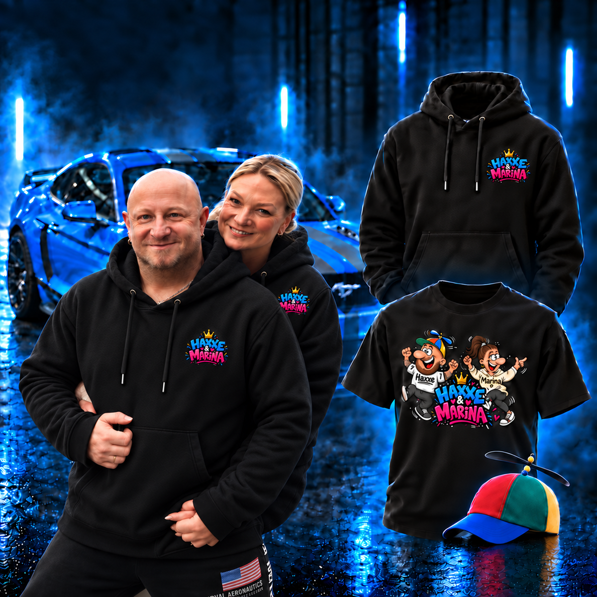 Haxxe und Marina in schwarzen Hoodies mit Haxxe-&-Marina-Logo vor blauem Mustang