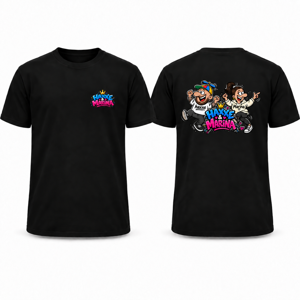 Schwarzes Haxxe & Marina T-Shirt – Vorderseite mit kleinem Brustlogo und Rückseite mit Cartoonmotiv