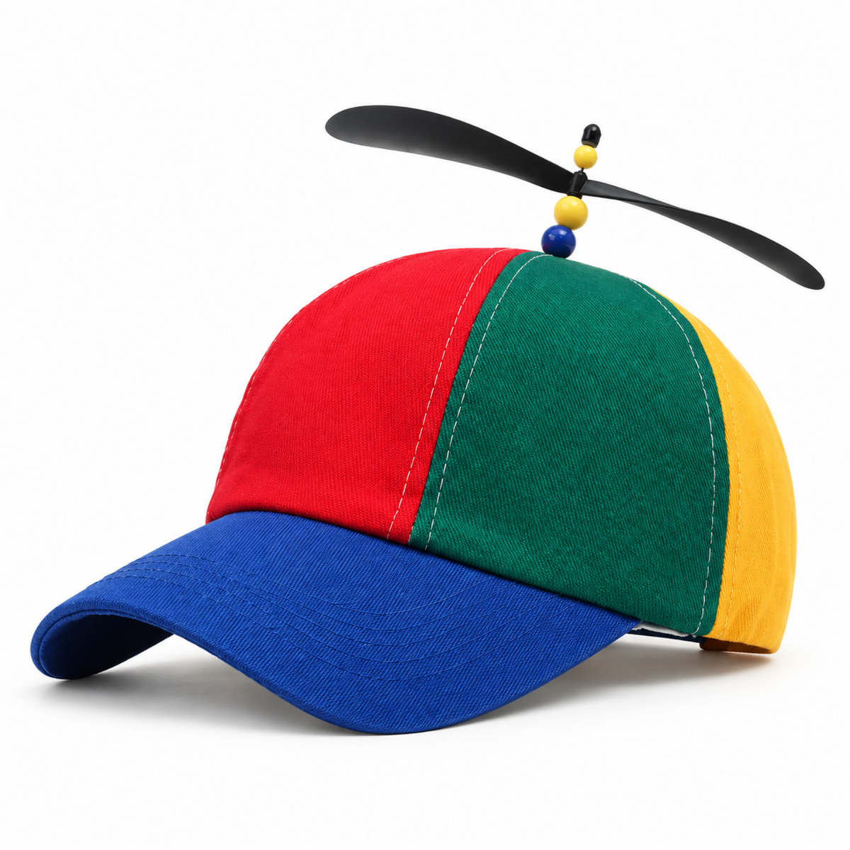 Bunte Haxxe Propeller-Cap mit blauem Schirm und schwarzem Propeller auf weißem Hintergrund – ohne Unterschrift.