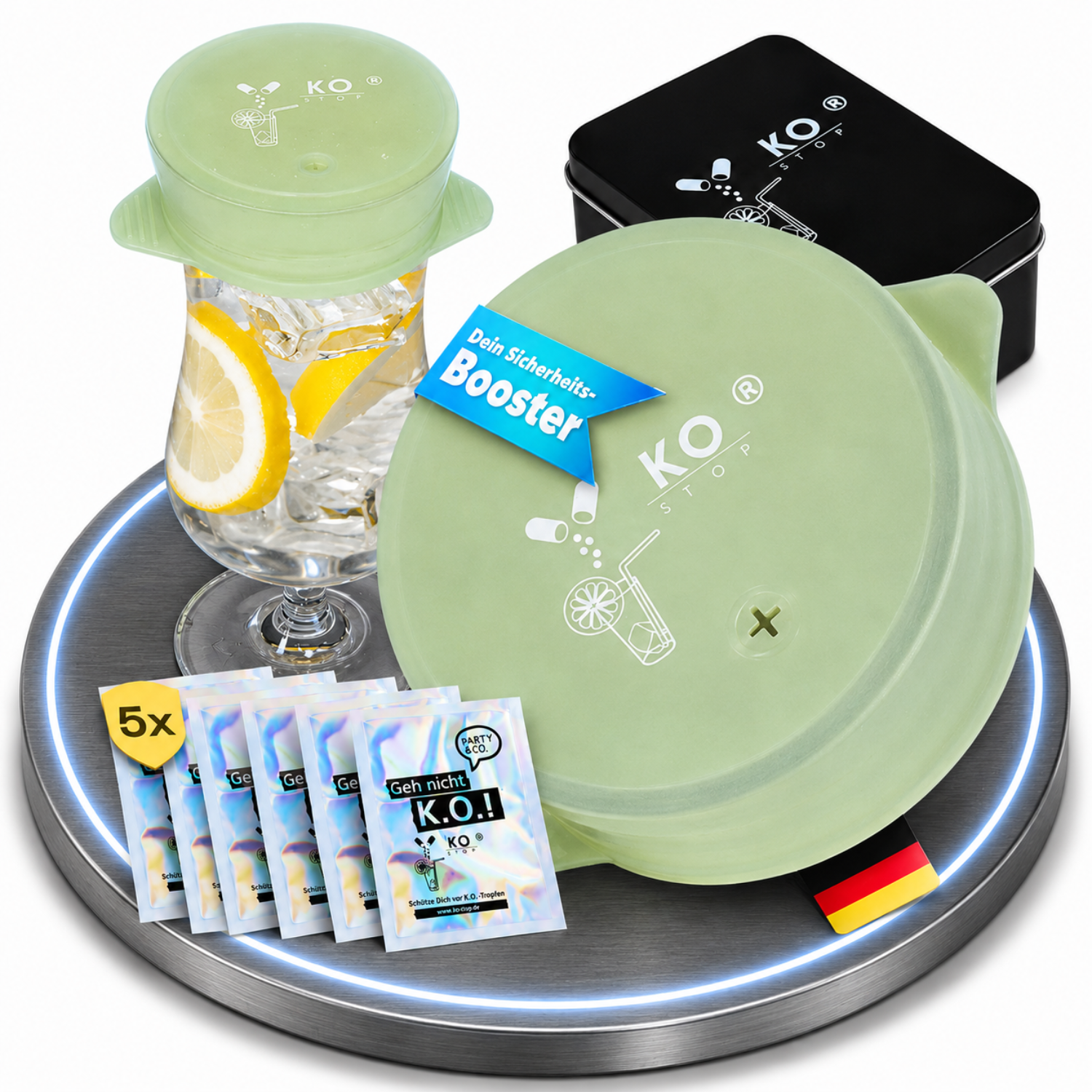 KO STOP Getränkeschutz aus flexiblem Silikon inklusive Aufbewahrungsbox und Teststreifen – sicherer Schutz vor K.O.-Tropfen für Festivals, Bars, Clubs und Partys in Deutschland.