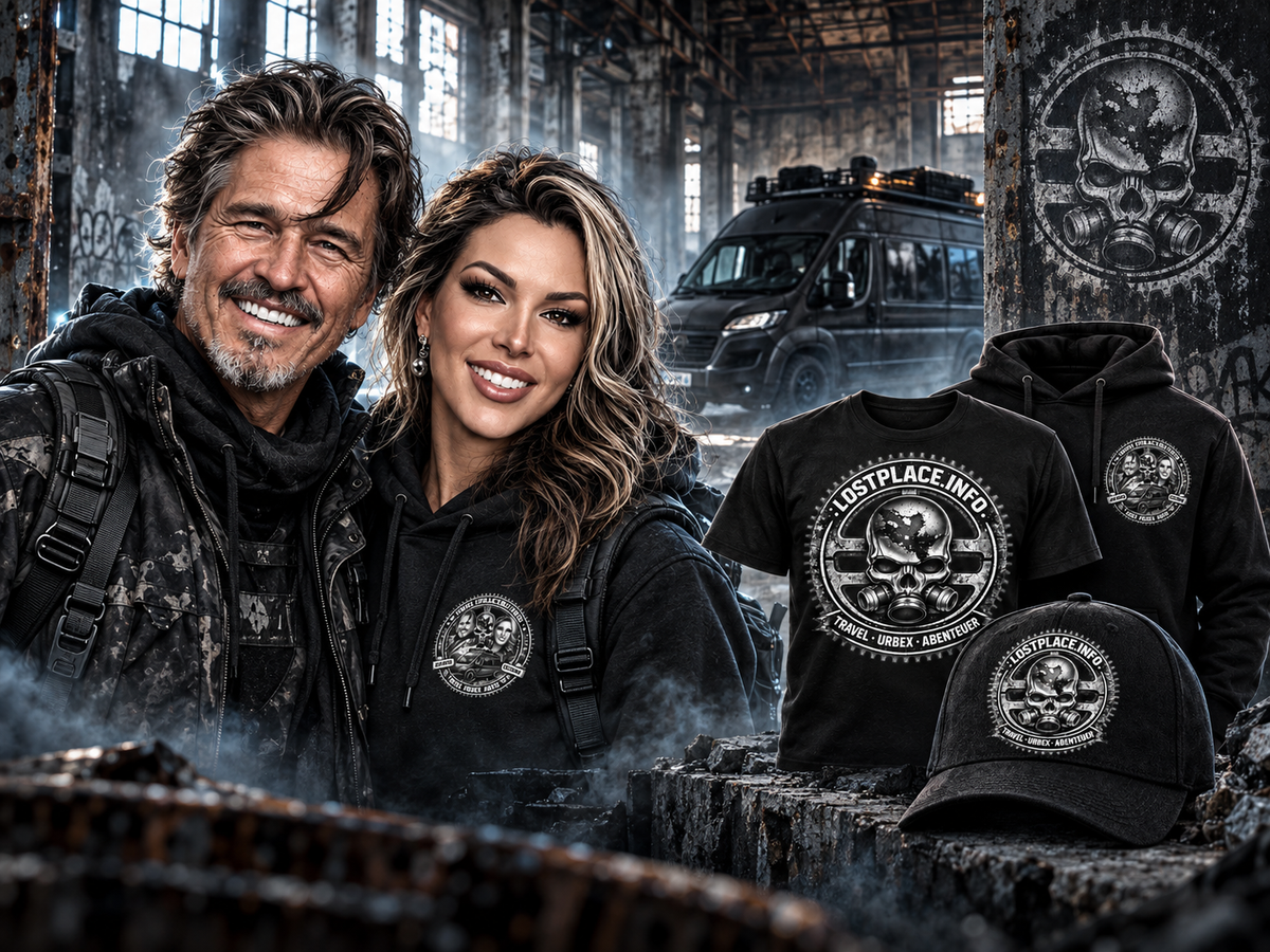 Jack Silver und Kätzchen in einer verlassenen Industriehalle mit Camper, Lost-Places-Shirt, Hoodie und Cap