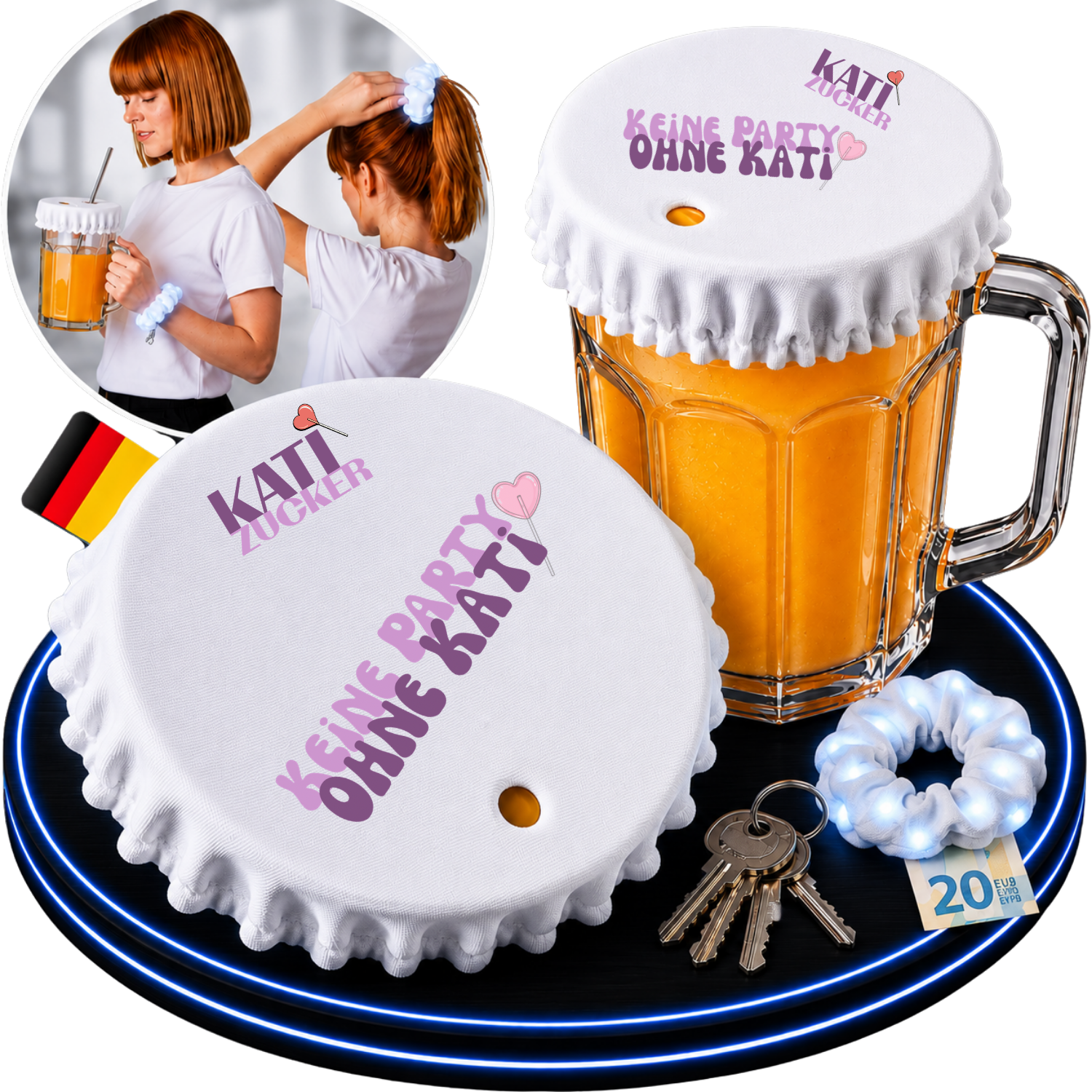 KATI ZUCKER Drink Cover in Weiß als Schutz vor K.O.-Tropfen für Festivals, Partys, Clubs und Events – wiederverwendbarer Getränkeschutz mit passendem Scrunchie, Schlüsselhalter und Geheimfach für mehr Sicherheit unterwegs.
