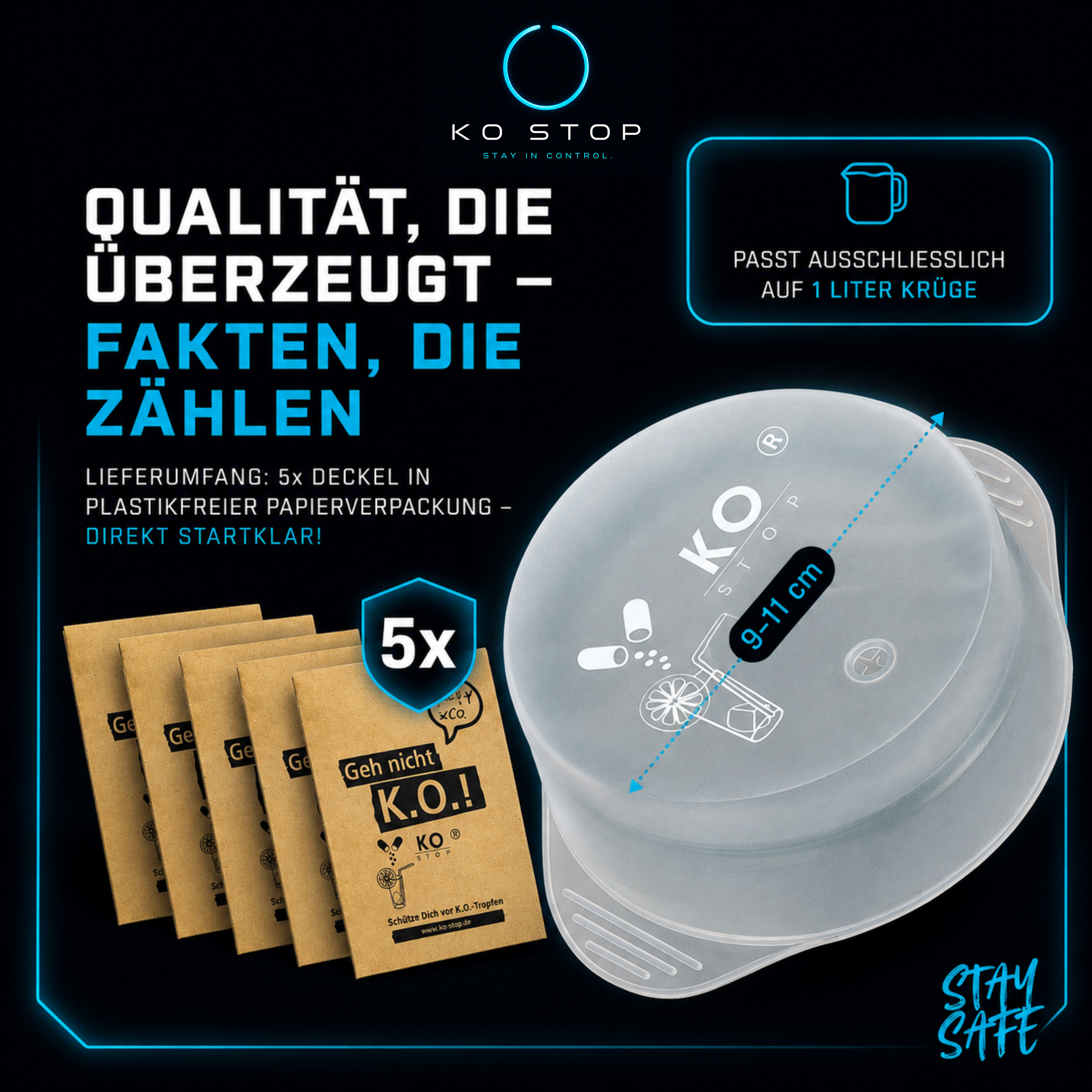 KO STOP Getränkeschutz passend für 1 Liter Maßkrüge – hygienischer Silikondeckel im 5er Pack.