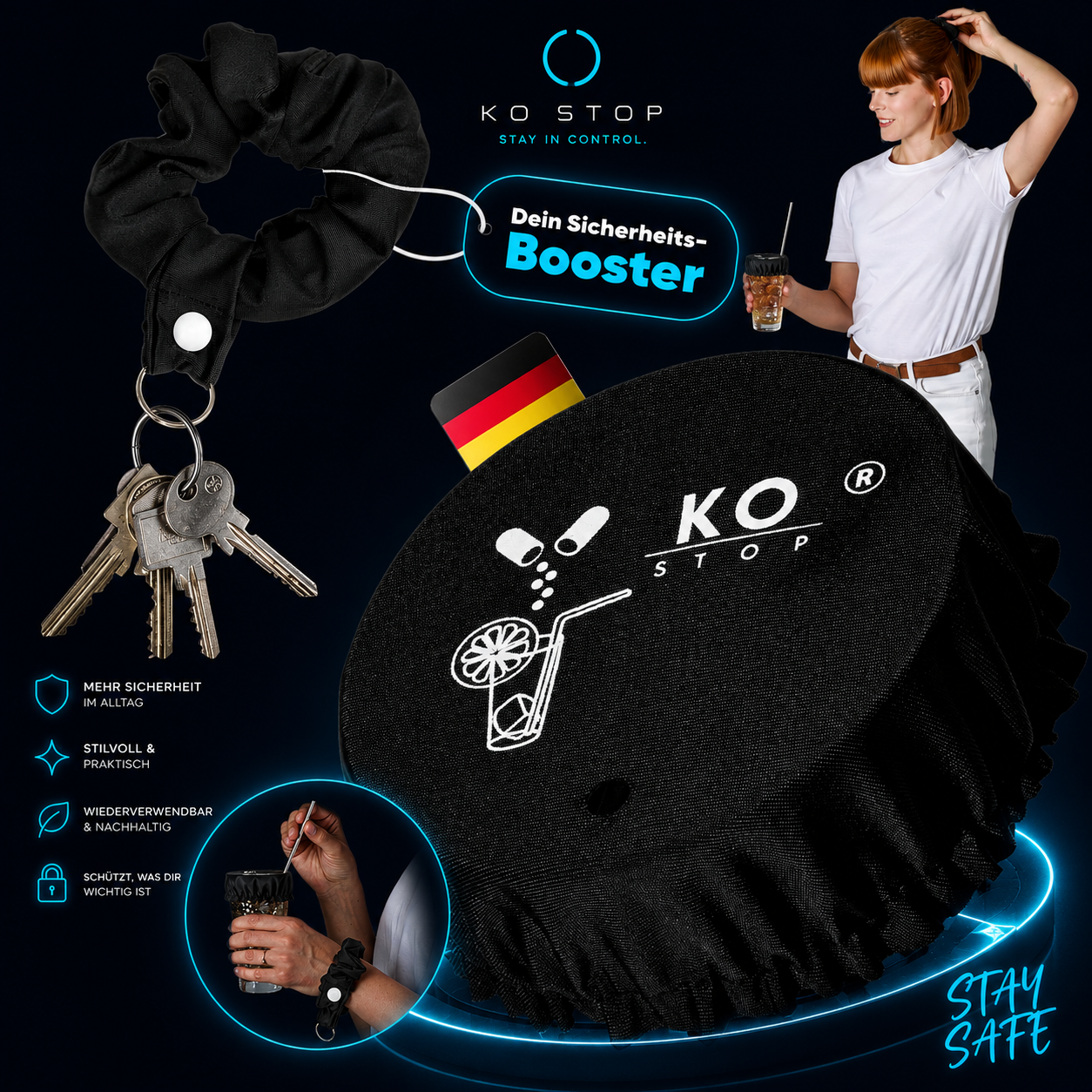 KO STOP 4in1 Getränkeschutz Scrunchie für Festivals, Clubs und Events – stylischer Getränkeschutz mit Schlüsselanhänger und Sicherheitsfunktion.