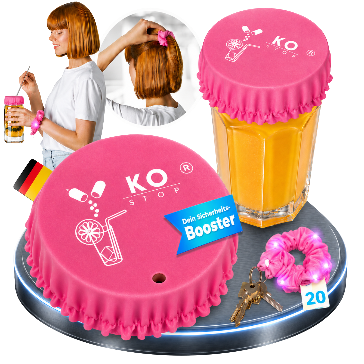 KO STOP 4-in-1 Haarband Getränkeschutz in Pink mit LED-Funktion als Getränkedeckel, Haargummi, Schlüsselanhänger und Sicherheitsaccessoire für Festivals, Clubs, Partys und Veranstaltungen.