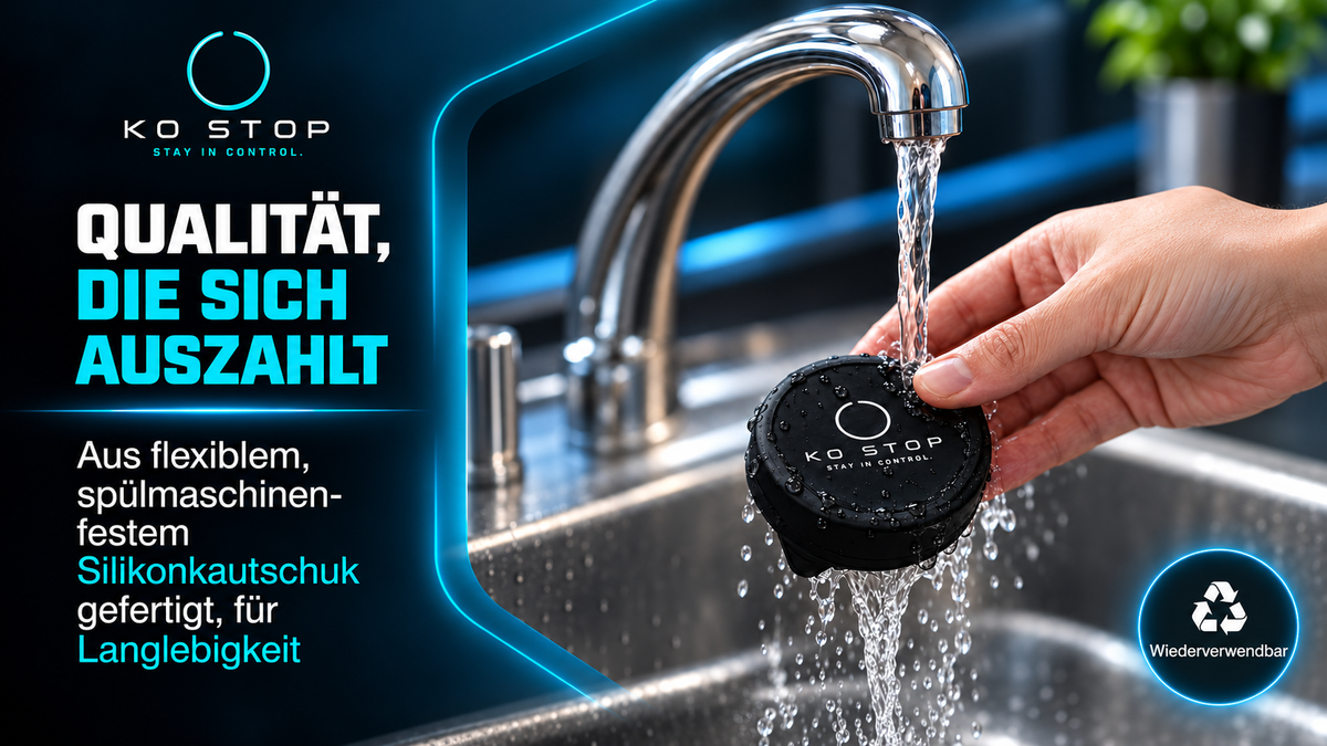 KO STOP Qualität und Pflege: schwarzer Silikon-Getränkeschutz mit weißem Logo wird unter Wasser gereinigt