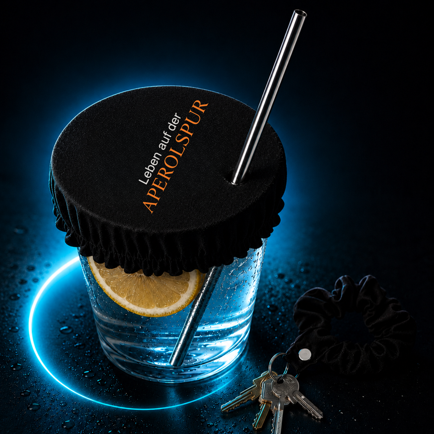 Schwarzer KO STOP® Getränkeschutz Scrunchie „Leben auf der Aperolspur“ mit Schlüsselanhänger im Premium Neon-Look.