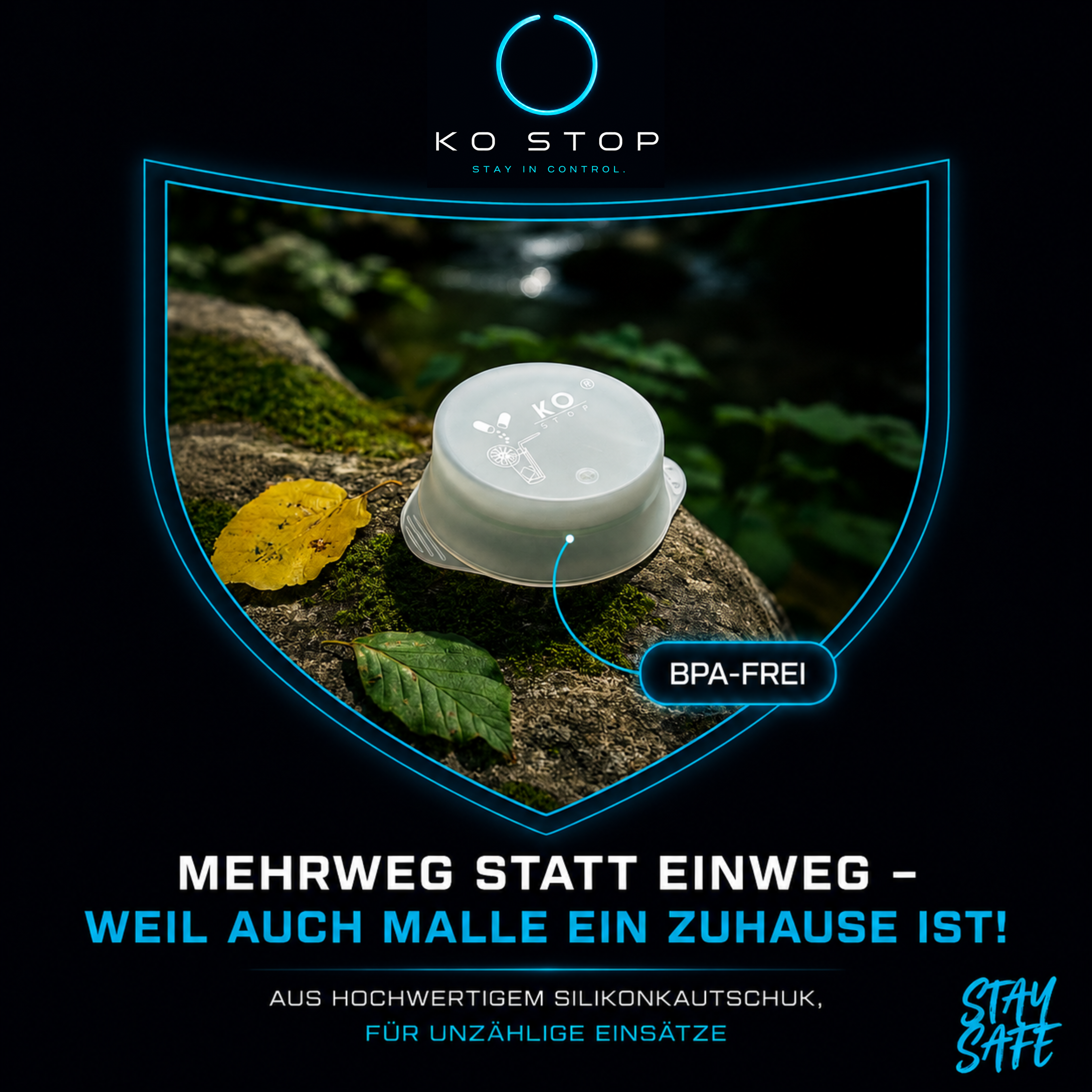 BPA-freier KO STOP Getränkeschutz aus Silikon – wiederverwendbar und nachhaltig.