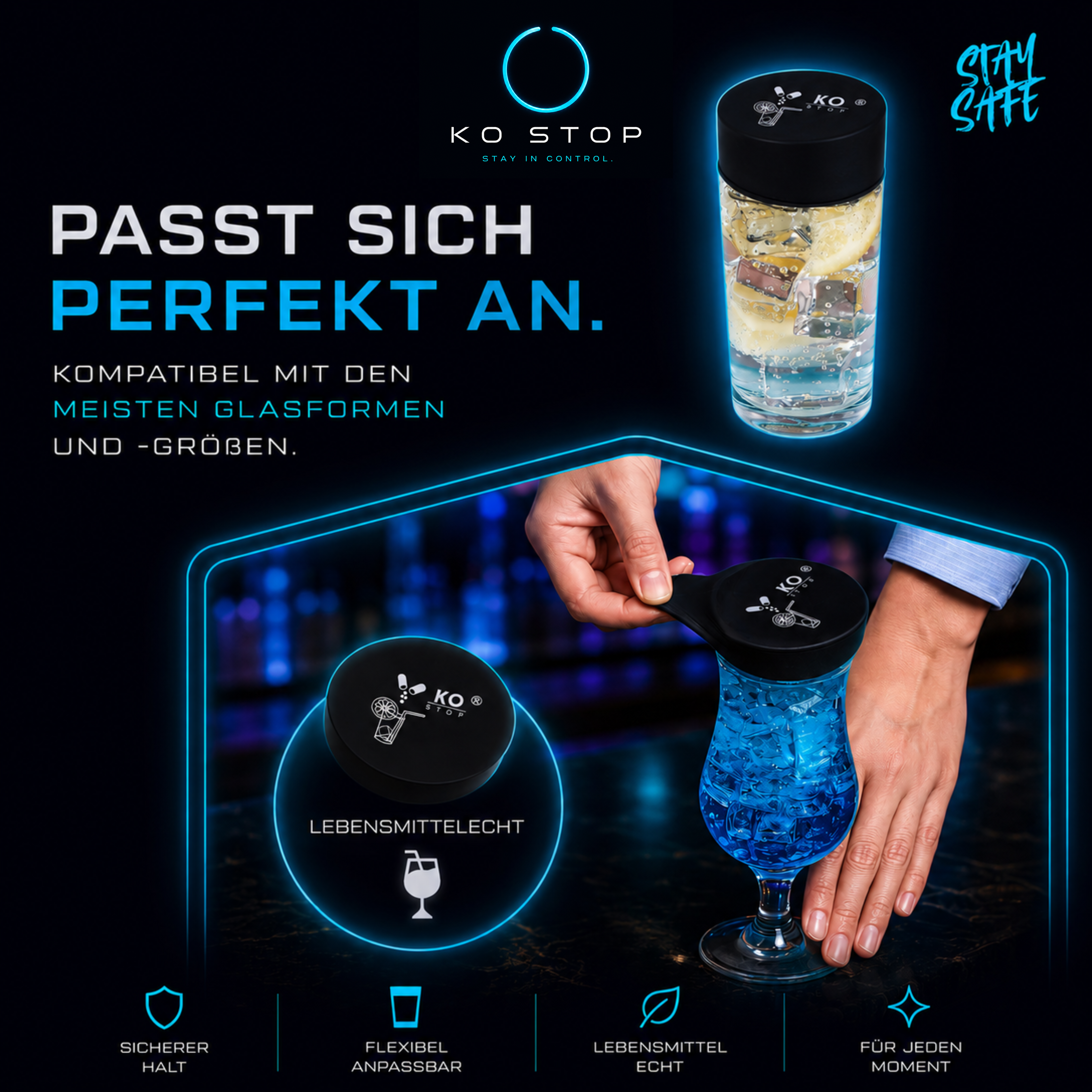 KO STOP® Drink Cover auf Cocktailglas mit praktischem Strohhalmloch für Festivals und Events