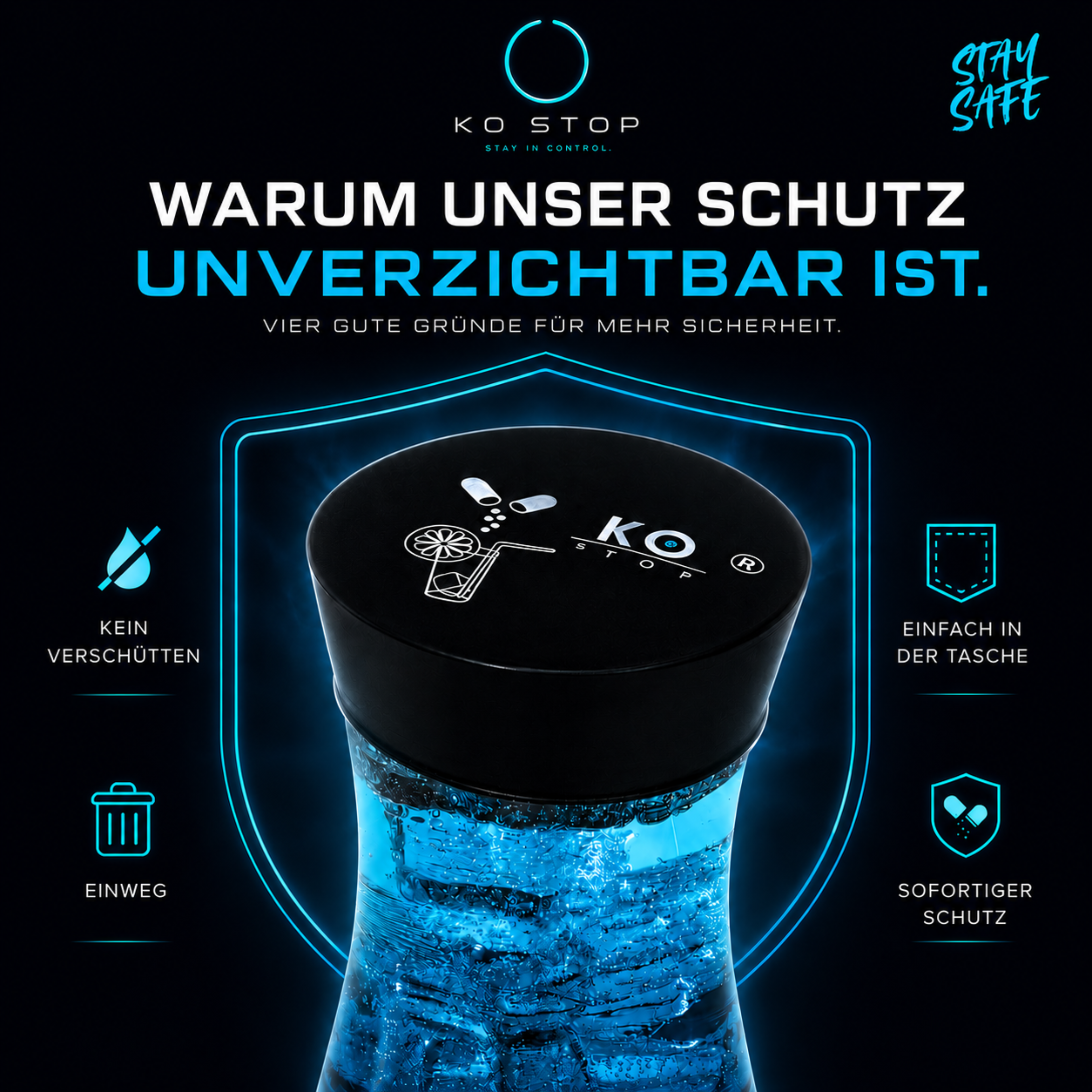 KO STOP® Einweg Drink Cover auf Cocktailglas für Festivals, Clubs und sicheres Ausgehen