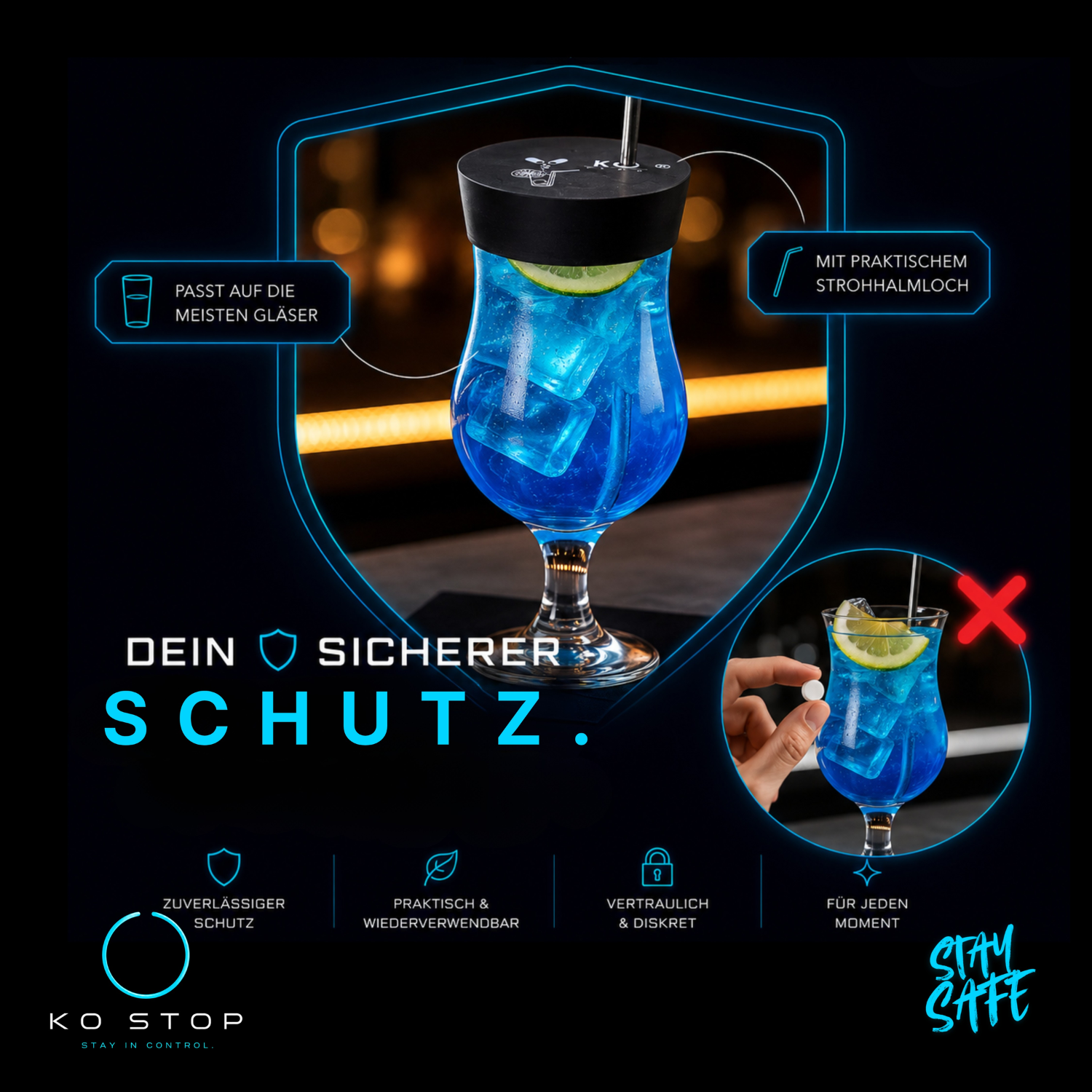 KO STOP Einweg Getränkeschutz auf Cocktailglas mit Strohhalmloch, passend für viele Glasgrößen und ideal für Clubs, Festivals und Bars.