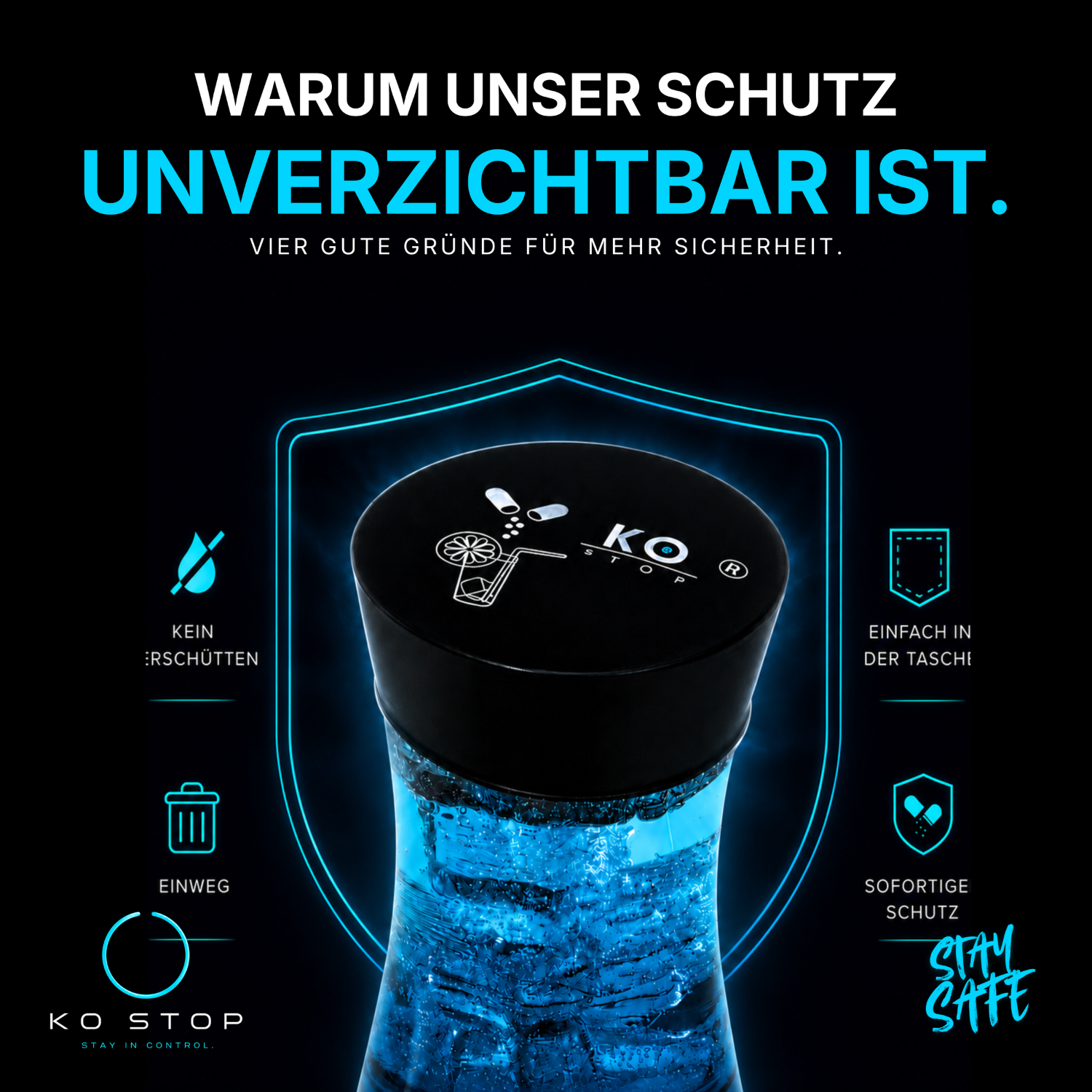 KO STOP Einweg Getränkeschutz bietet sofortigen Schutz vor Verschütten, Verunreinigungen und unerwünschten Zusätzen bei Getränken.