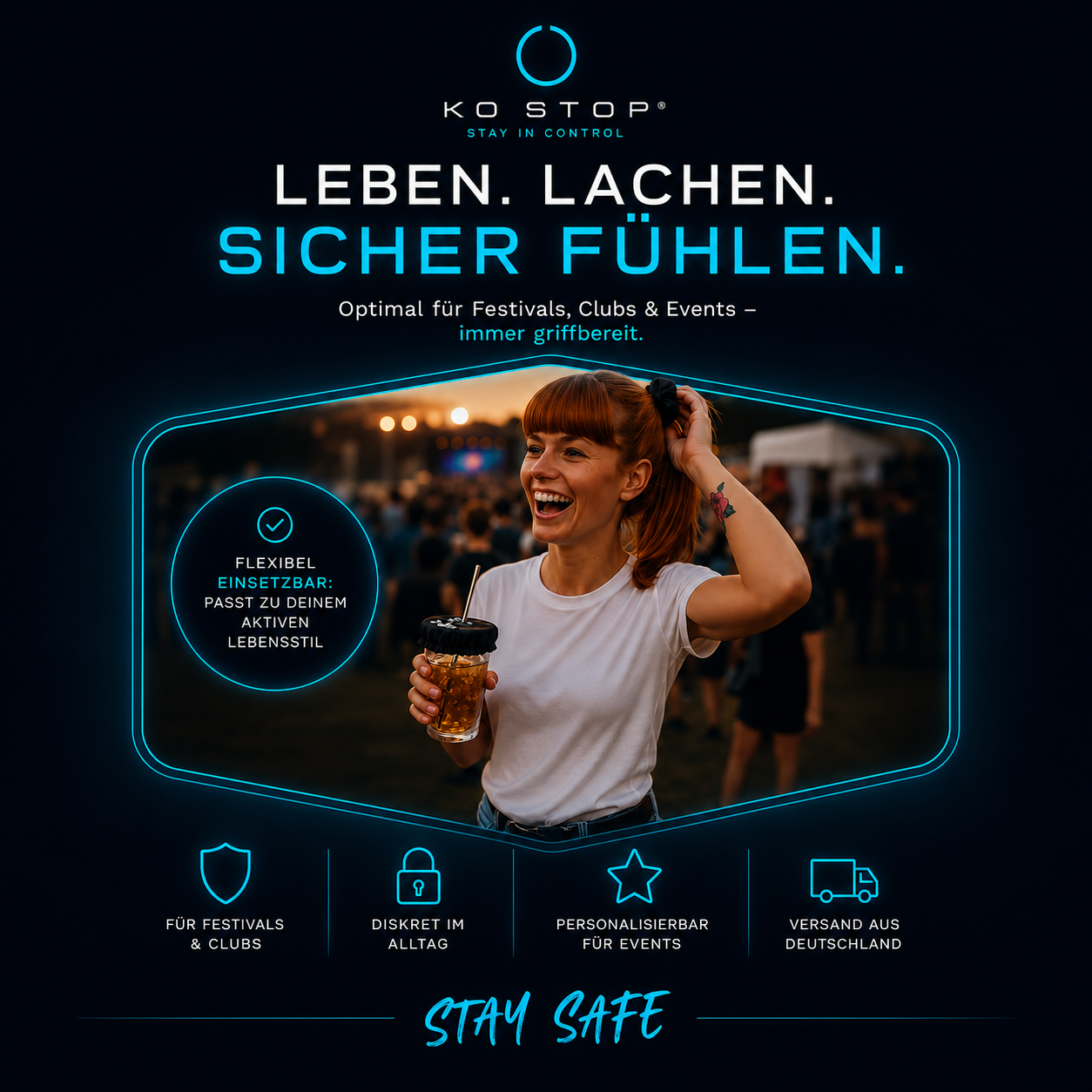 Festival Besucherin mit KO STOP Getränkeschutz Scrunchie – diskreter Schutz für Festivals, Clubs und Events.