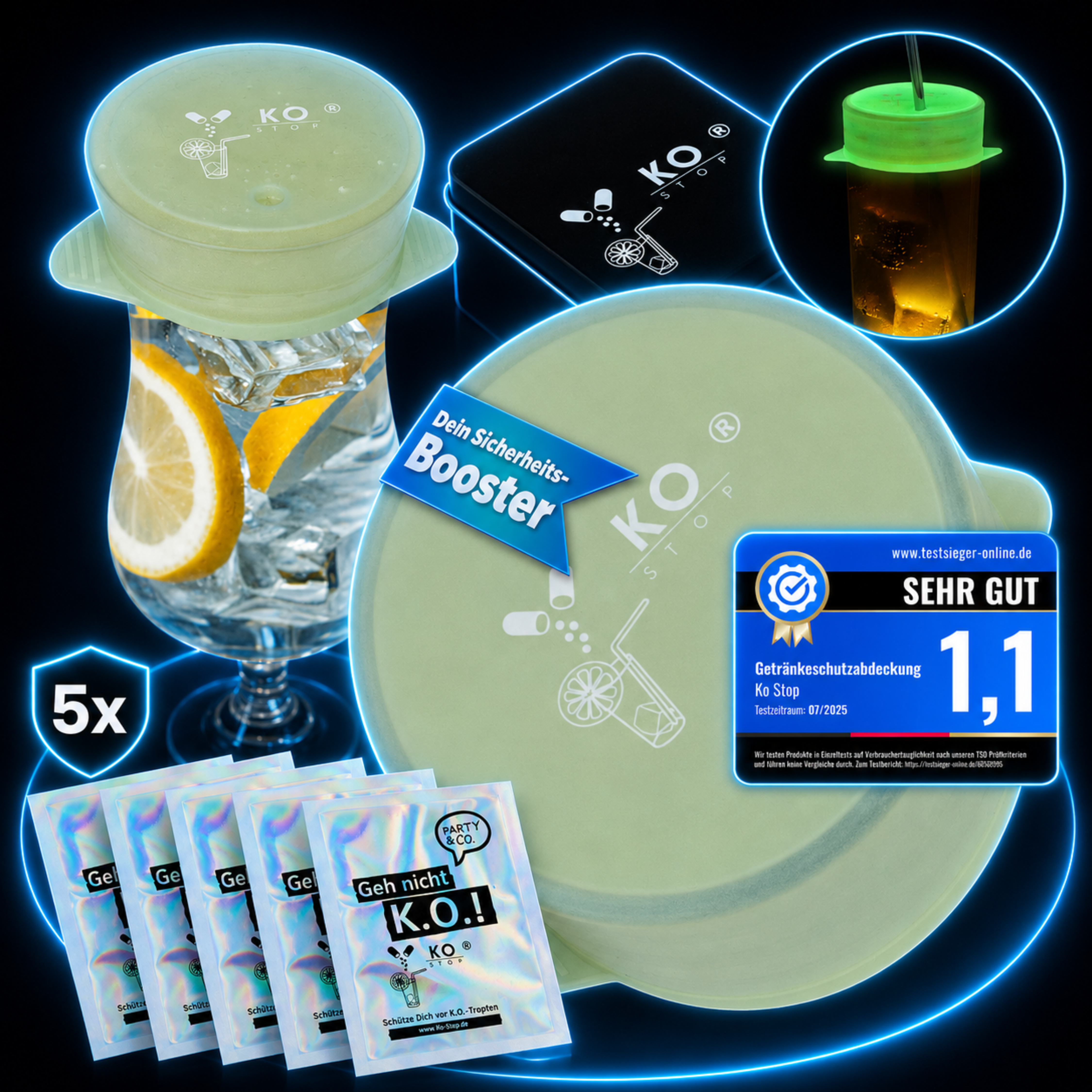 Fluoreszierender KO STOP® Drink Cover 5er Pack mit Glow Effekt für Nachtleben und Events