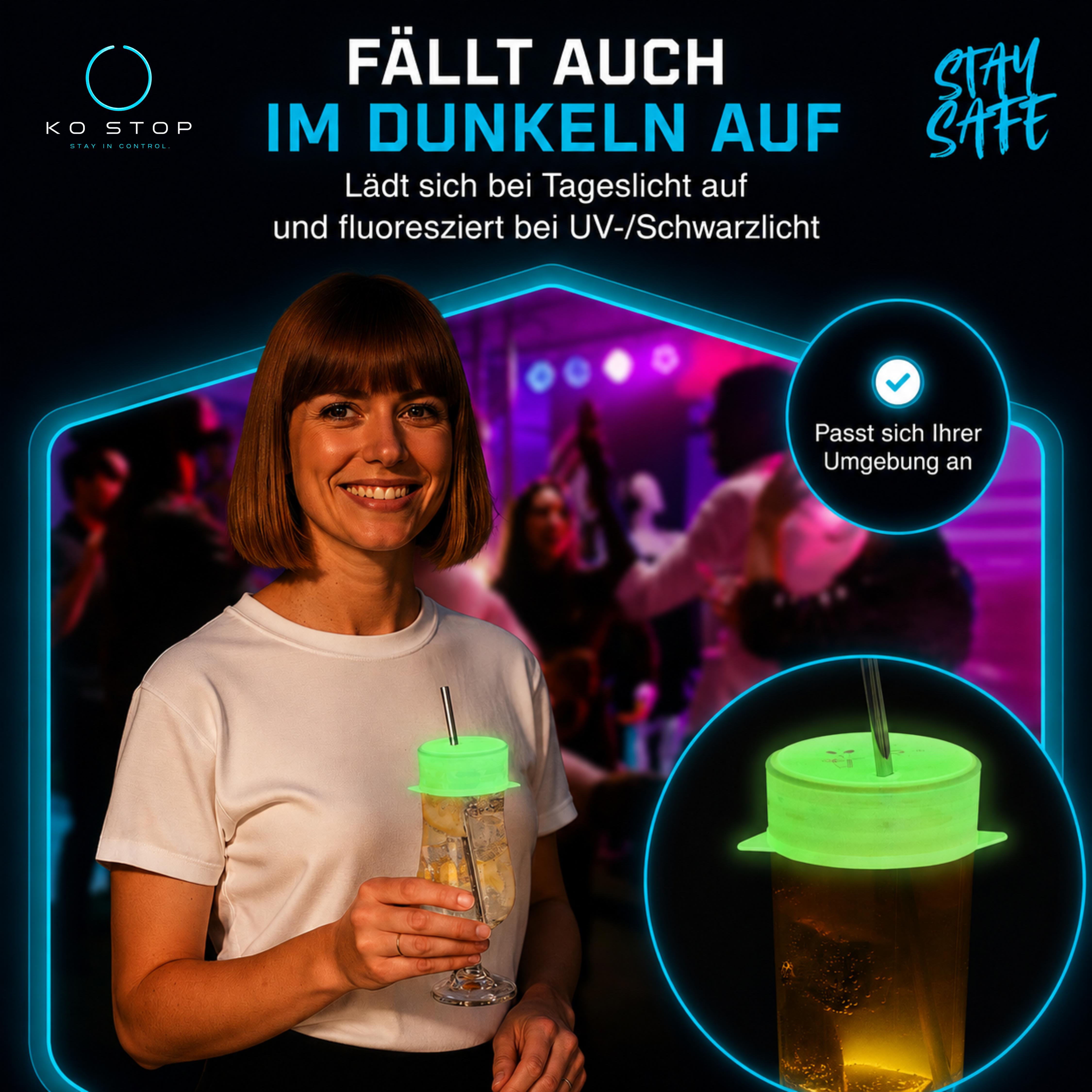 Fluoreszierender KO STOP® Getränkeschutz leuchtet unter UV und Schwarzlicht im Club