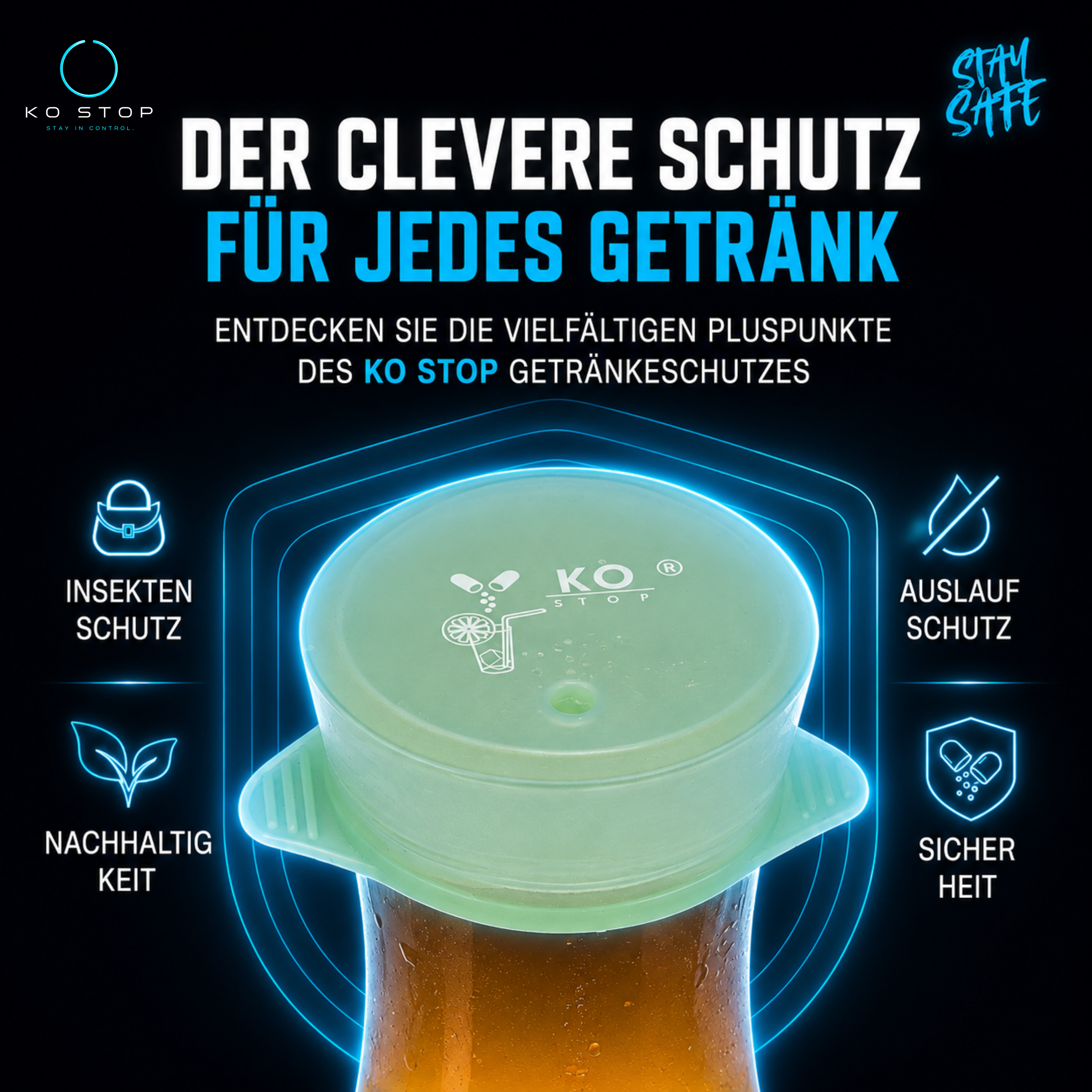 Fluoreszierender KO STOP® Getränkeschutz mit Glow Effekt im Dunkeln und UV Licht
