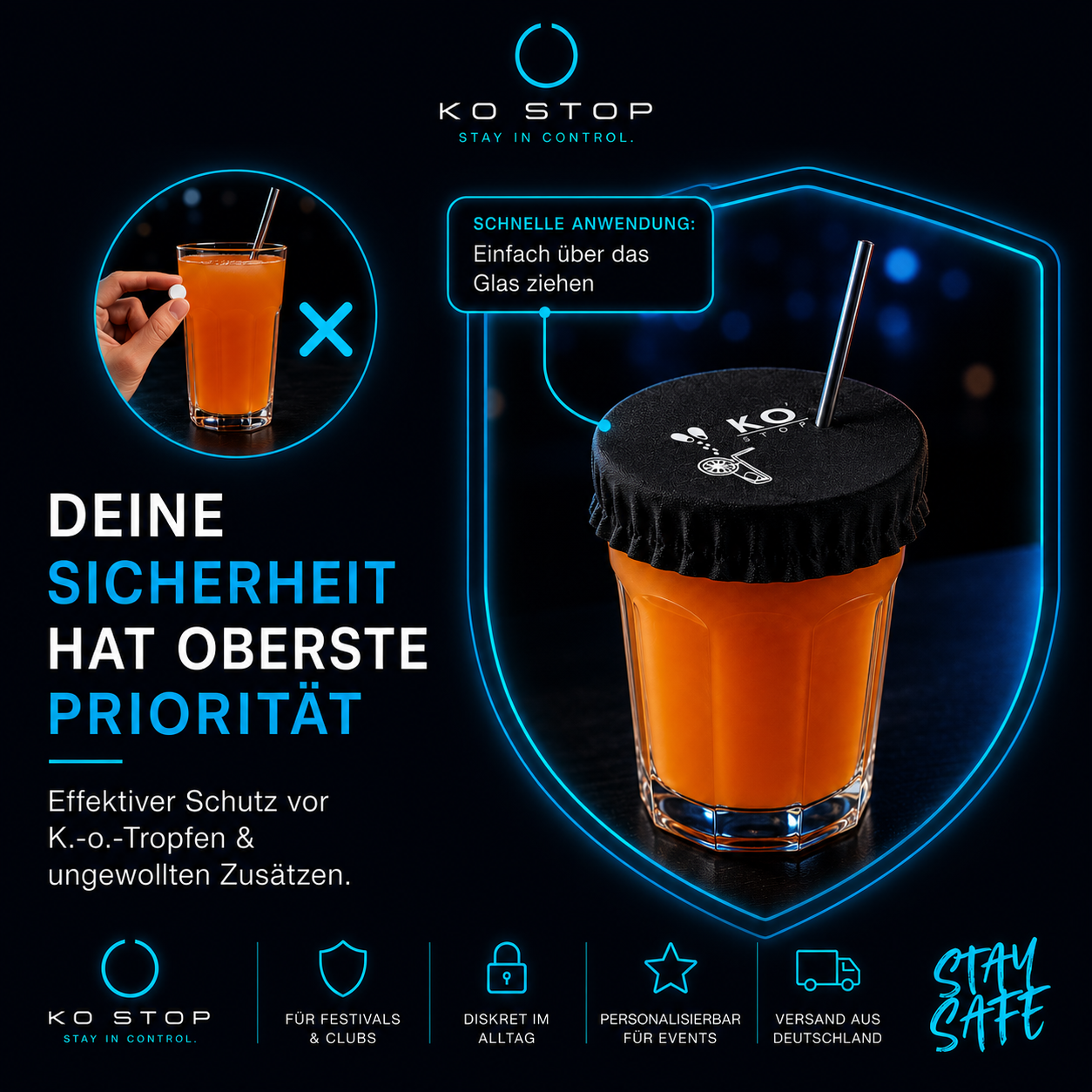 KO STOP Getränkeschutz schützt Getränke vor unerwünschten Zusätzen und sorgt für mehr Sicherheit im Alltag und Nachtleben.