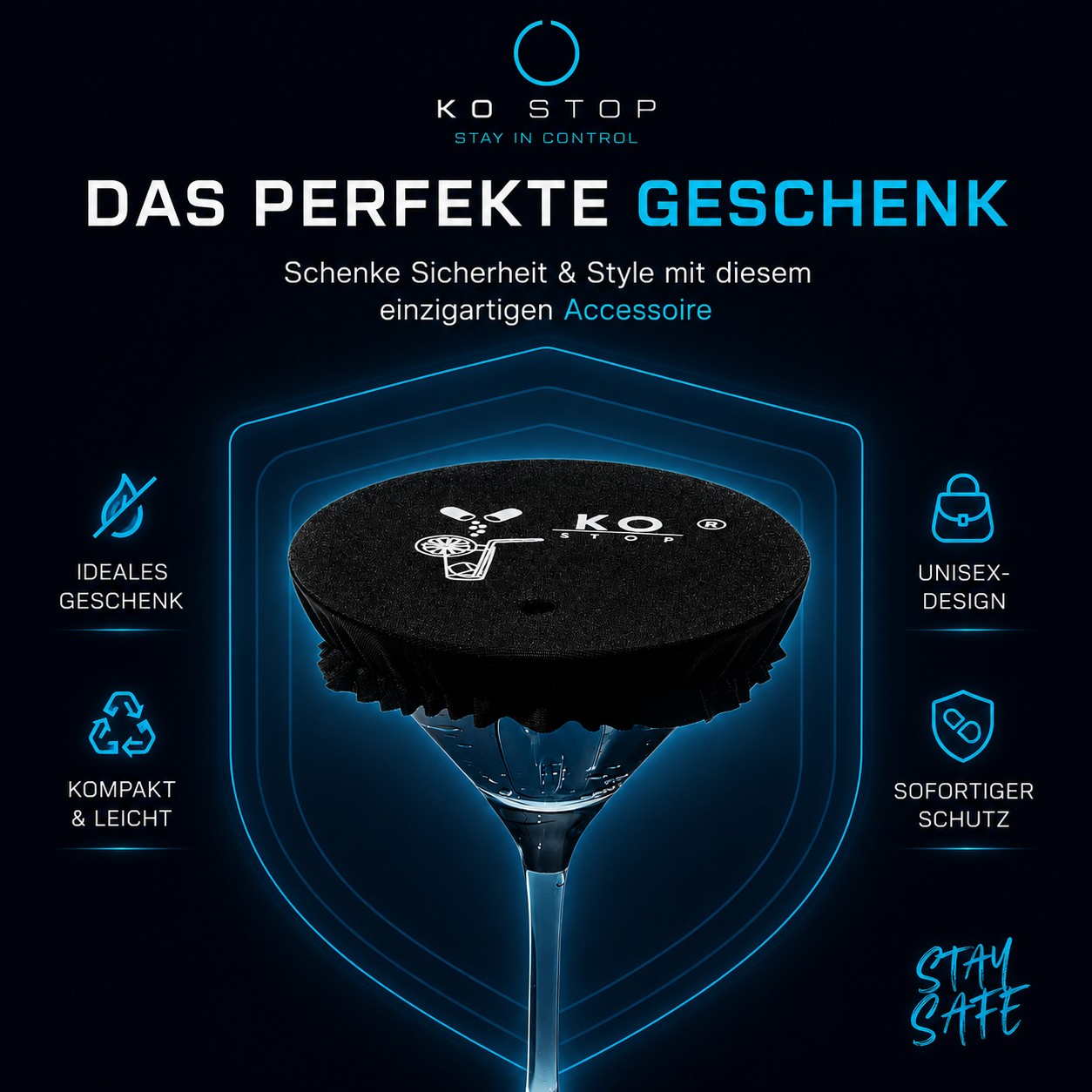 Stylischer KO STOP Getränkeschutz als Geschenkidee für Festivals, Partys, Events und sicheres Feiern.
