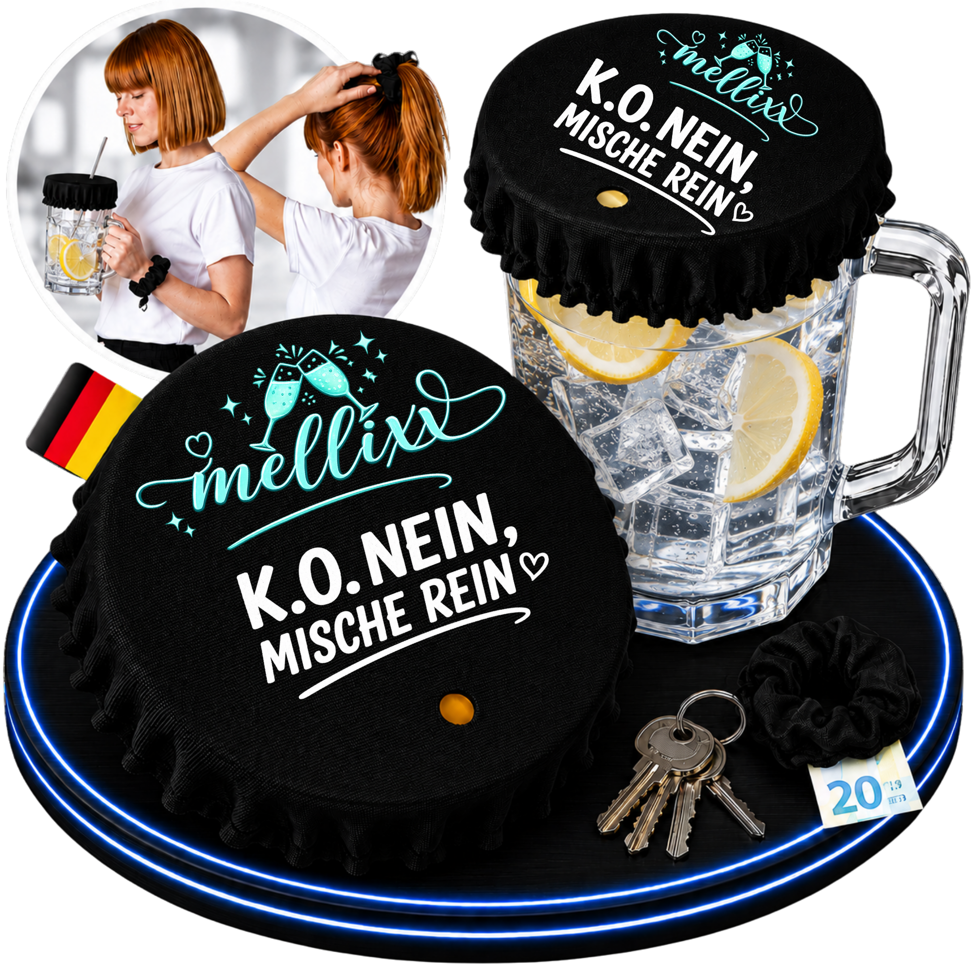 Schwarzer Getränkeabdeckungs-Deckel für Krüge und Gläser mit Schlüssel-Scrunchie und Wasser mit Zitrone