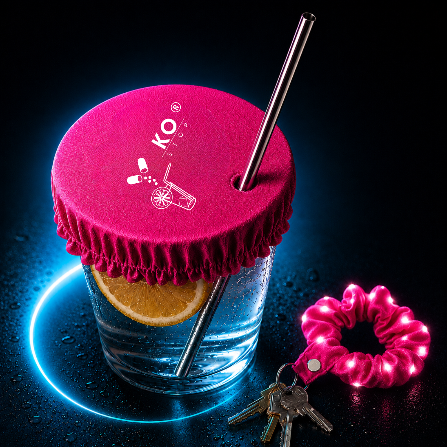 KO STOP Getränkeschutz in Pink auf einem Trinkglas mit Strohhalm als wiederverwendbare Schutzlösung für Festivals, Clubs, Bars und Veranstaltungen.