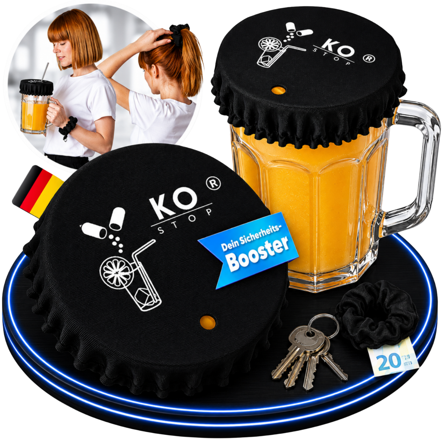 KO STOP Getränkeschutz in Schwarz mit integrierter Strohhalmöffnung, Geheimfach und Haargummi-Funktion. Wiederverwendbarer Getränkeschutz für Festivals, Partys, Reisen und Events.