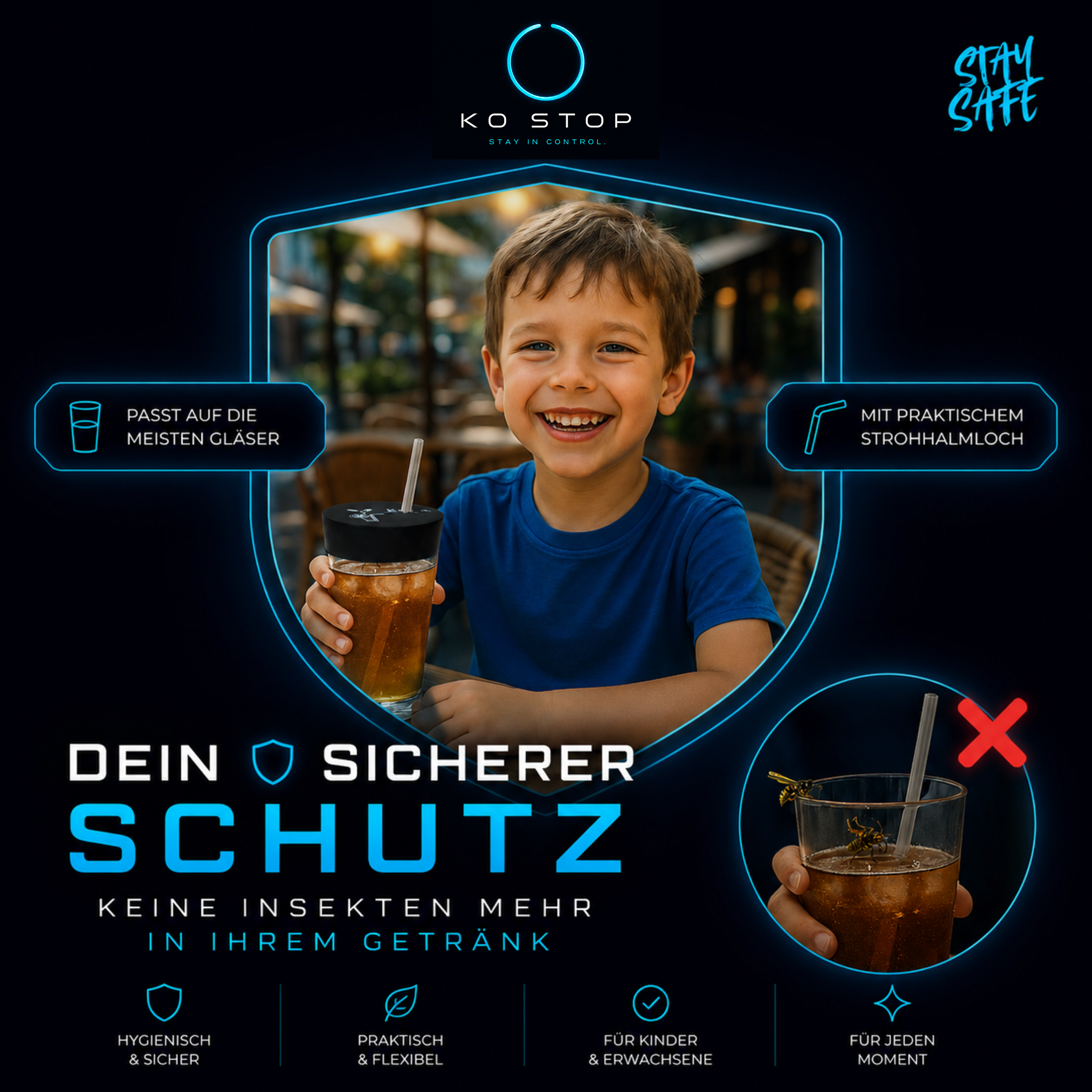 KO STOP® Getränkeschutz mit Strohhalmloch gegen Wespen und Verschmutzungen für Kinder und Erwachsene