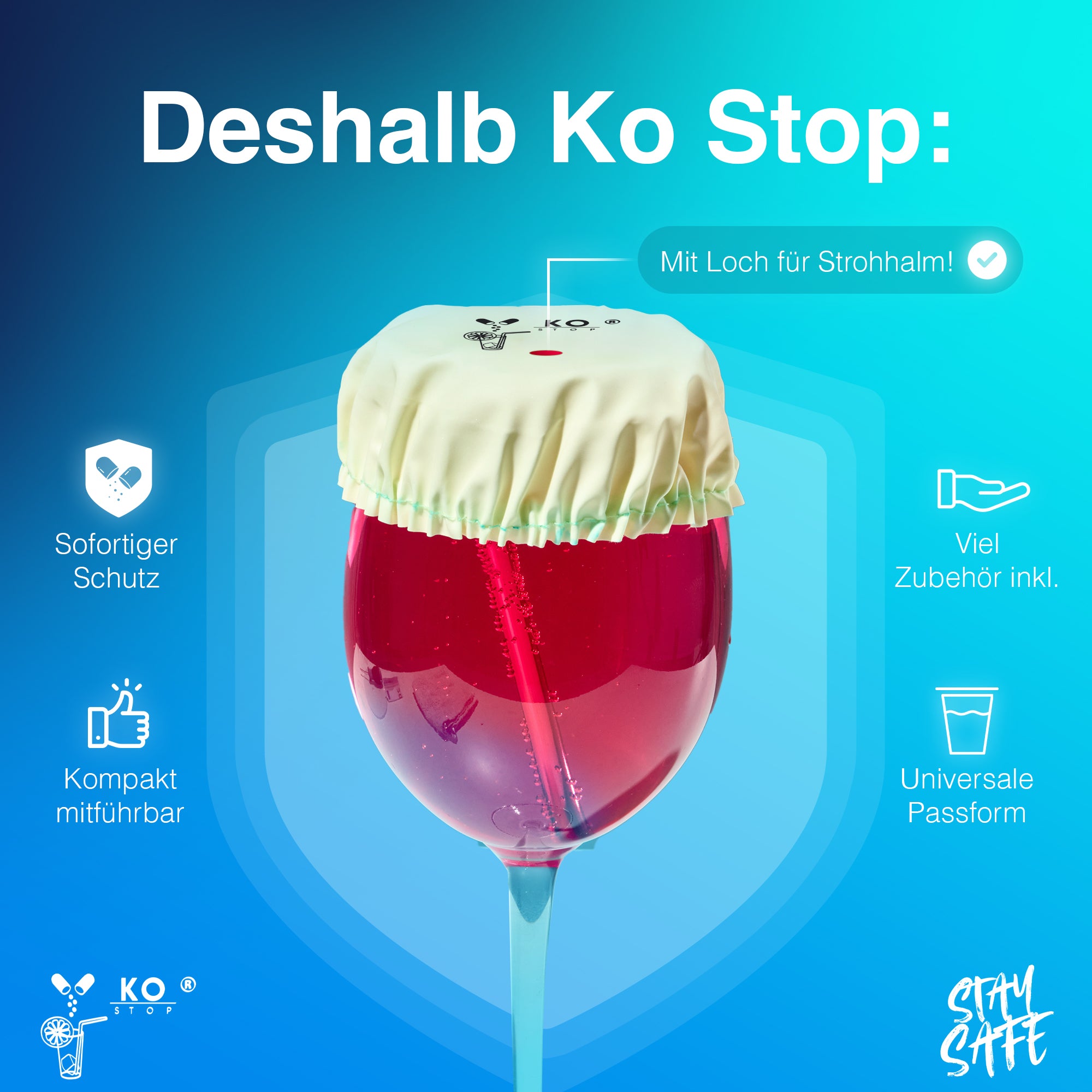KO-Stop Anti-KO-Tropfen Getränkeschutz – Schutzdeckel mit Strohhalmloch,
flexibel und kompakt für Partys und Festivals