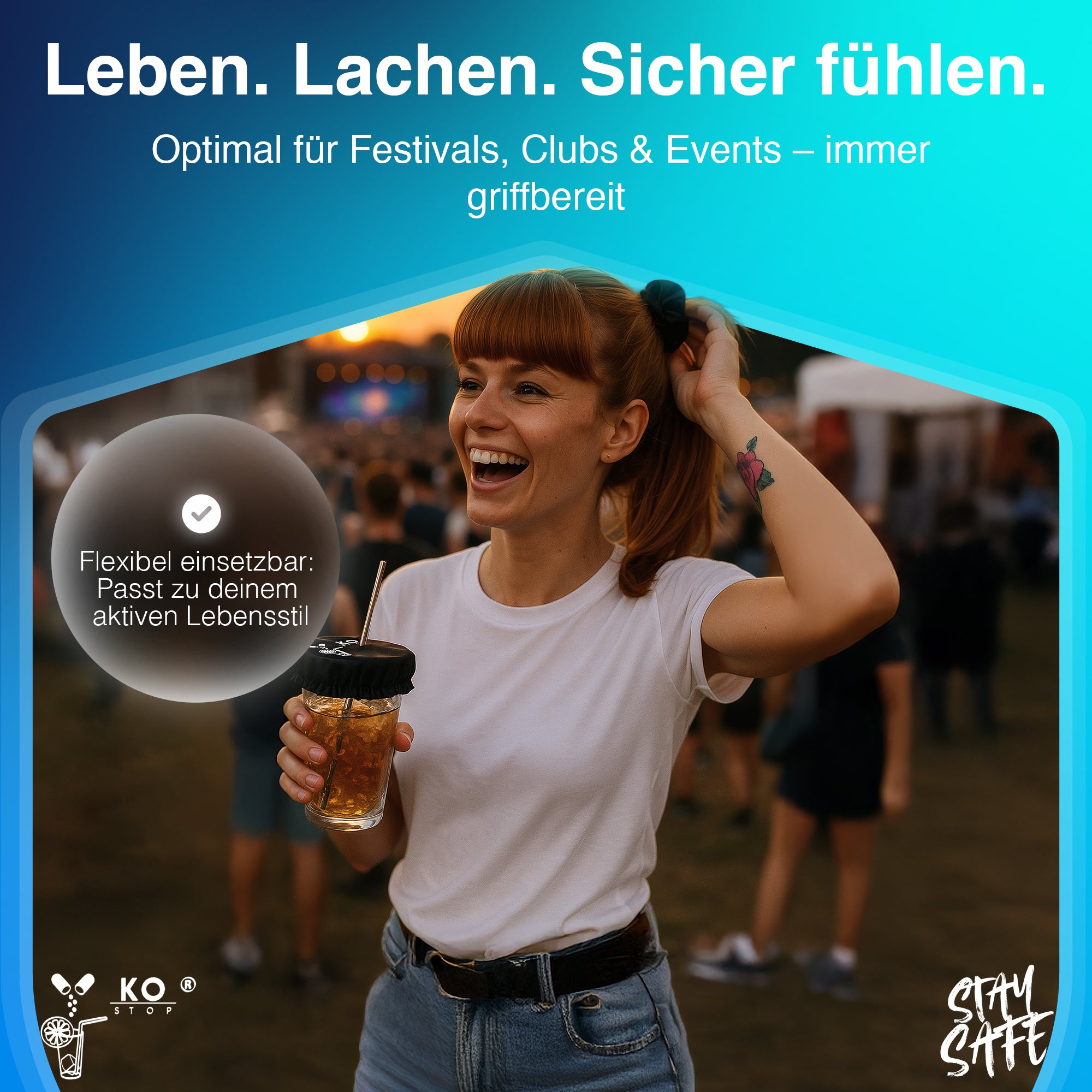 Ko Stop Haarband 4-in-1 Trinkschutz – optimaler Begleiter für Festivals,
Clubs und Events, schützt zuverlässig vor Ko Tropfen