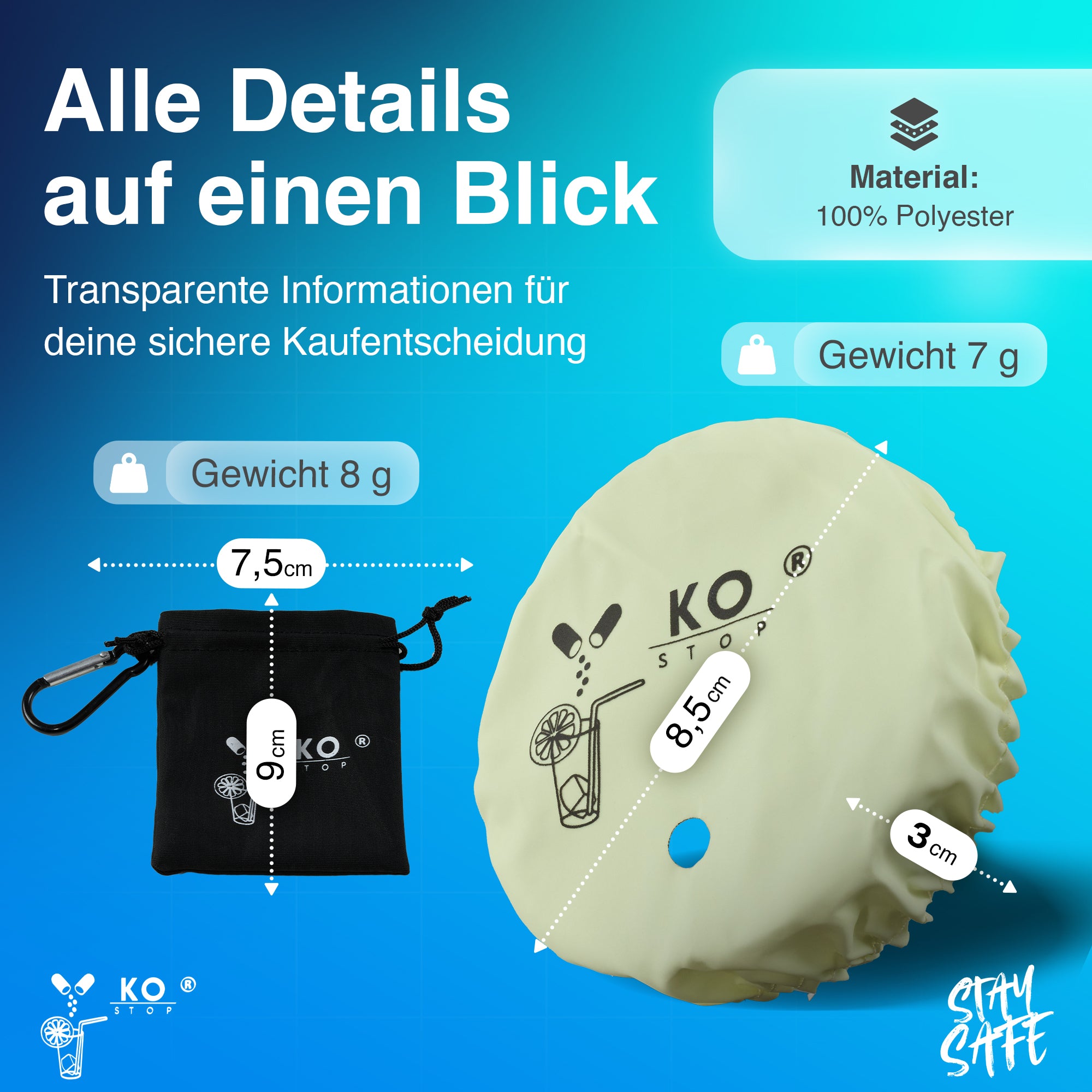 KO-Stop Getränkeschutz 8,5 cm – Polyester-Schutzdeckel mit
Schlüsselanhänger, passt auf die meisten Gläser, nur 7 g Gewicht