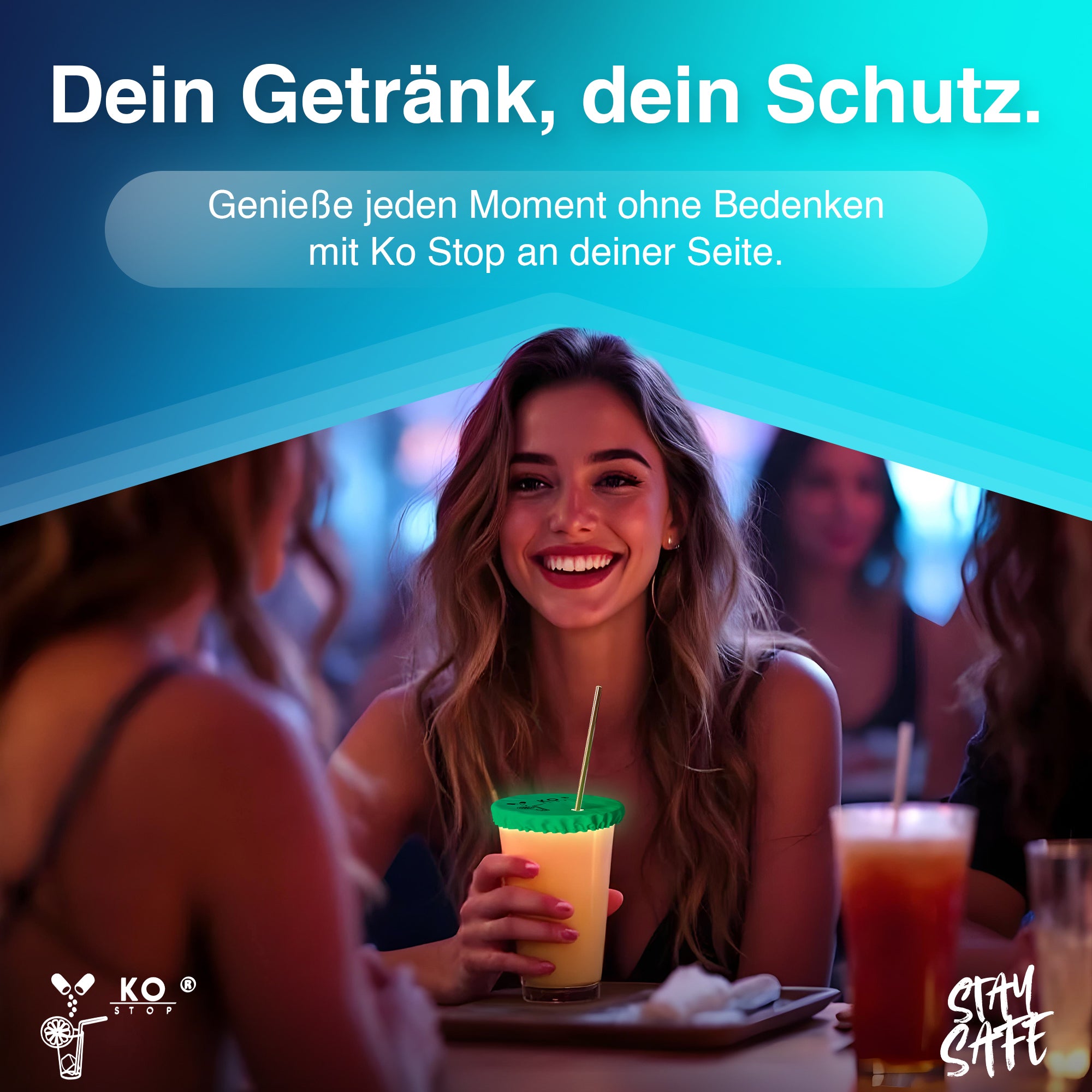 Festival- und Club-tauglicher KO-Stop Getränkeschutz – schützt Drinks vor
KO-Tropfen und Verwechslungen, leuchtet im Dunkeln