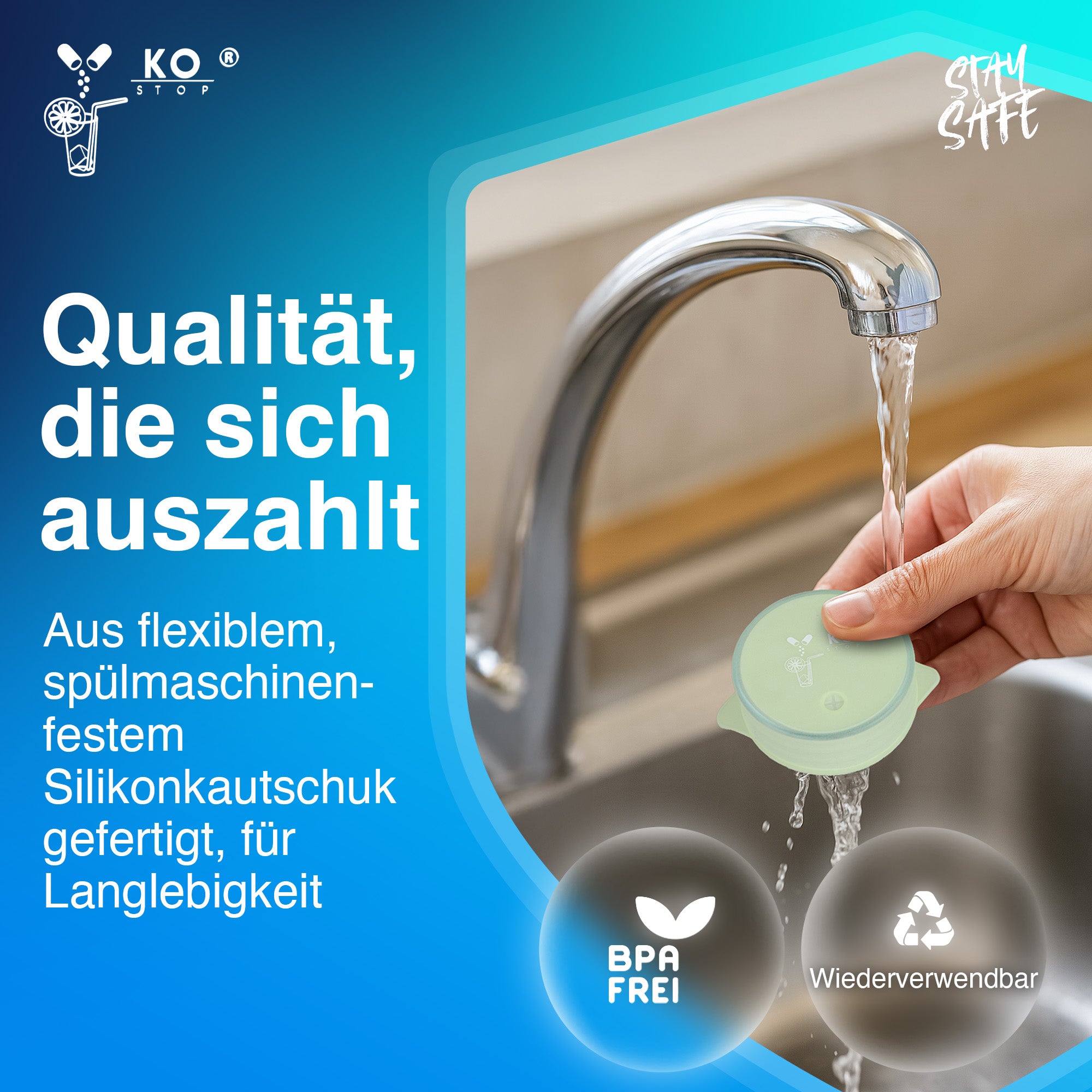 Ko Stop Getränkeschutzdeckel aus BPA-freiem Silikonkautschuk –
wiederverwendbar, spülmaschinenfest und langlebig, sicherer Schutz für
Getränke